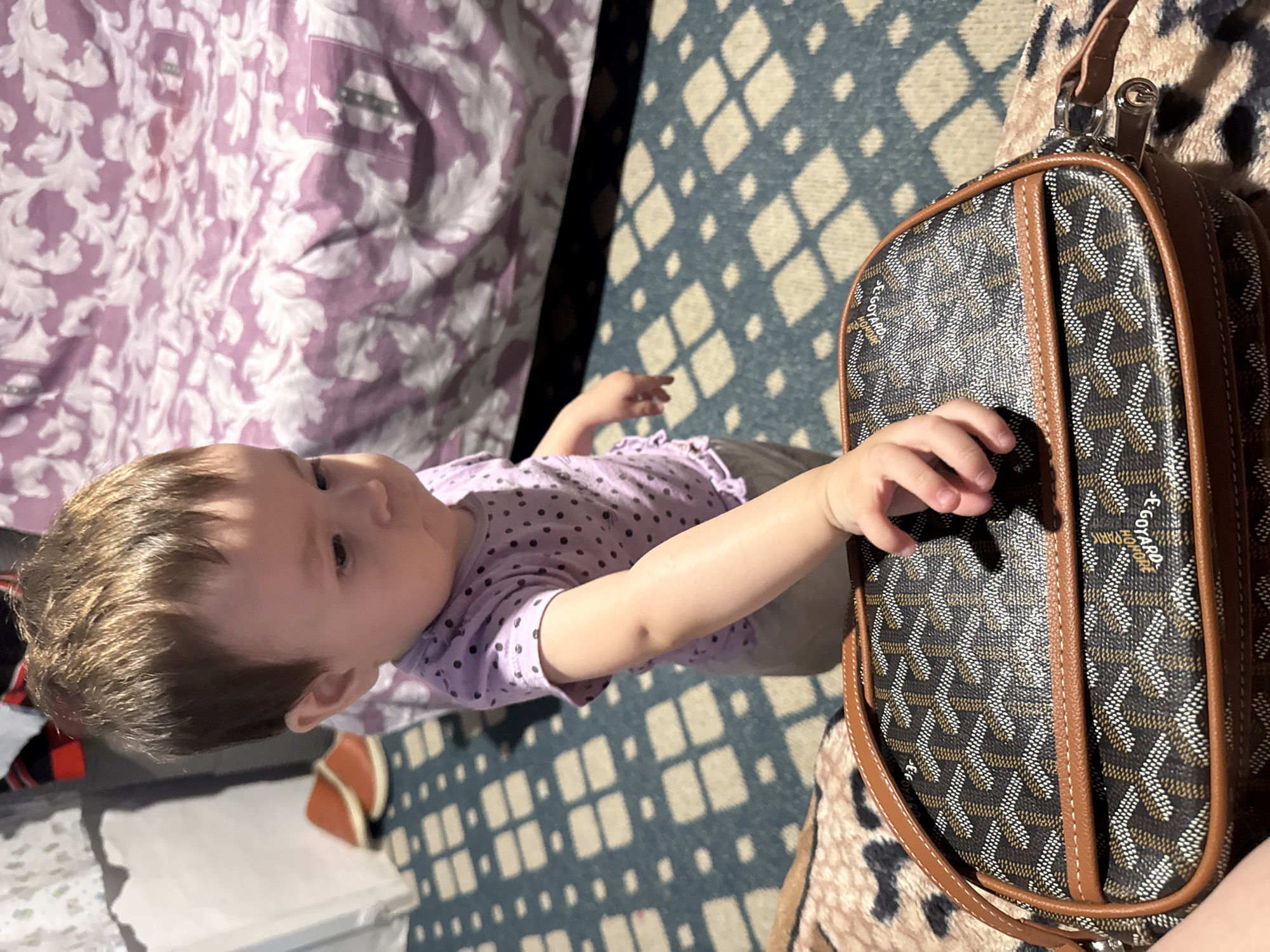 In Chardara, Uzbekistan, a toddler with light brown hair and wearing a purple polka-dot shirt and gray pants is reaching for a brown designer handbag with a distinctive monogram pattern. The child is positioned in the foreground, with their hand extended towards the bag. The background features a blue and cream patterned carpet and a blurred bed with a pink and white floral-patterned comforter. There are also orange slippers visible in the far left of the image. The scene appears to be indoors.