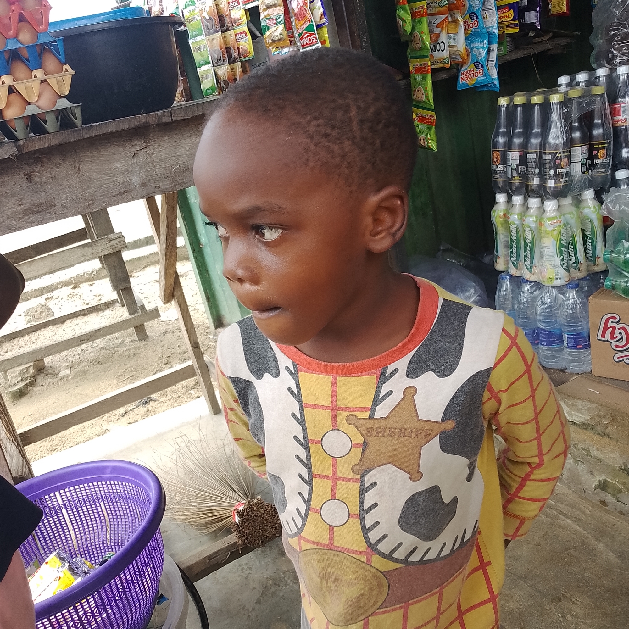 In Ado, Nigeria, a young child with dark skin and short hair is standing and looking to the side. The child is wearing a yellow and red plaid long-sleeved shirt with a sheriff's badge graphic on the front. The background features shelves stocked with various goods, including bottles of drinks, packaged snacks, and eggs in a red and blue plastic container. A dark plastic basin and a purple basket are also visible. The environment appears to be an outdoor market or shop.