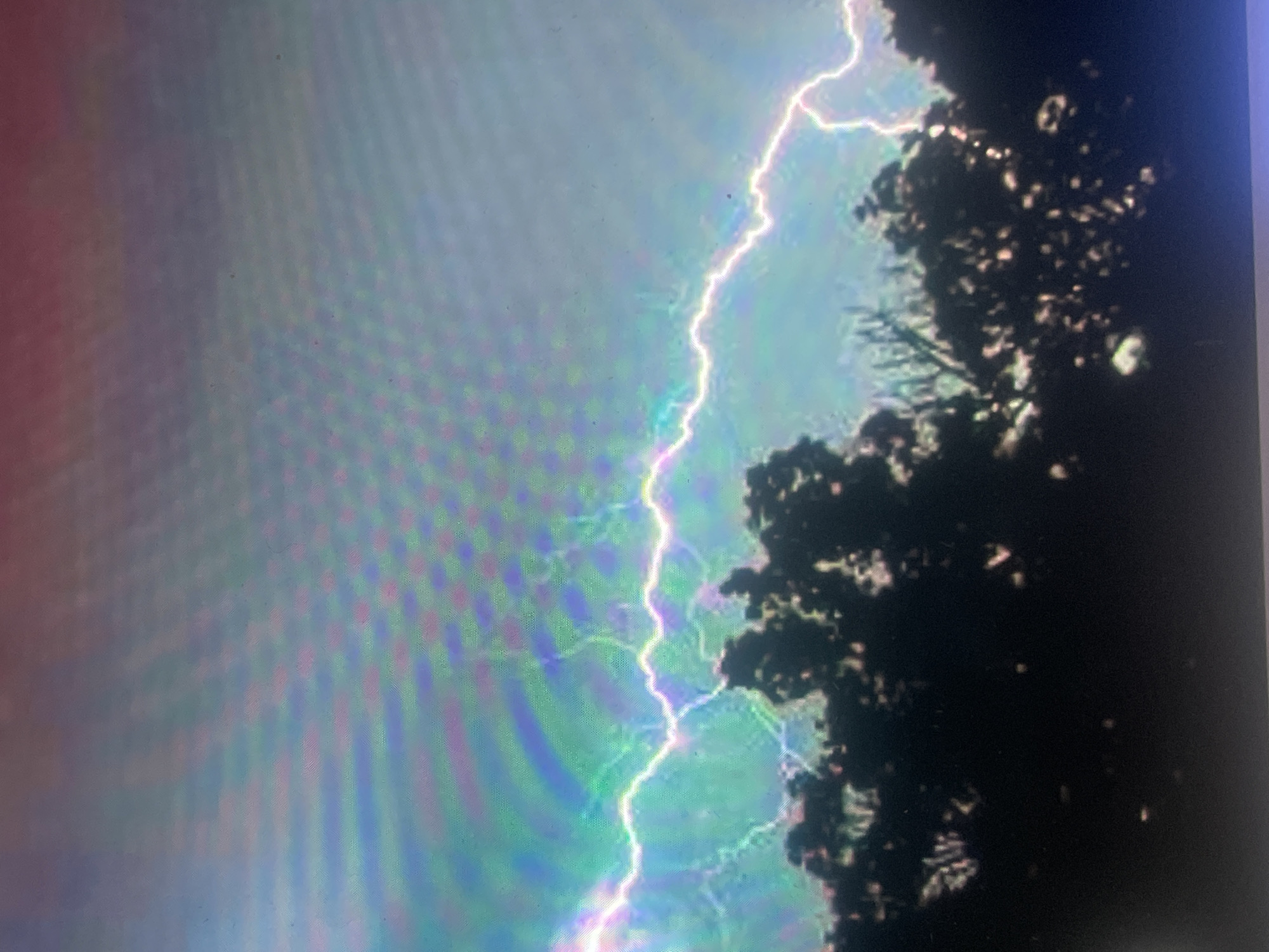 The image displays a horizontal lightning bolt illuminating a stormy sky above a treeline in the city of Zelenyi Hai, Ukraine, during nighttime or late evening. A vivid, sinuous lightning strike, emanating bright white, green, and pink light, extends across the mid-ground. The sky exhibits prominent green, blue, pink, and purple color banding, overlaid with a distinct grid-like pixel pattern, strongly indicating the image is a photograph taken of a digital display rather than a direct capture of the natural scene. The lower portion of the frame is dominated by the dark, silhouetted forms of dense trees, with minimal detail discernible in the foliage except for faint highlights from the lightning. No individuals, animals, or specific man-made structures are present or engaged in any actions or interactions within the frame. The environment is characterized by an active thunderstorm.