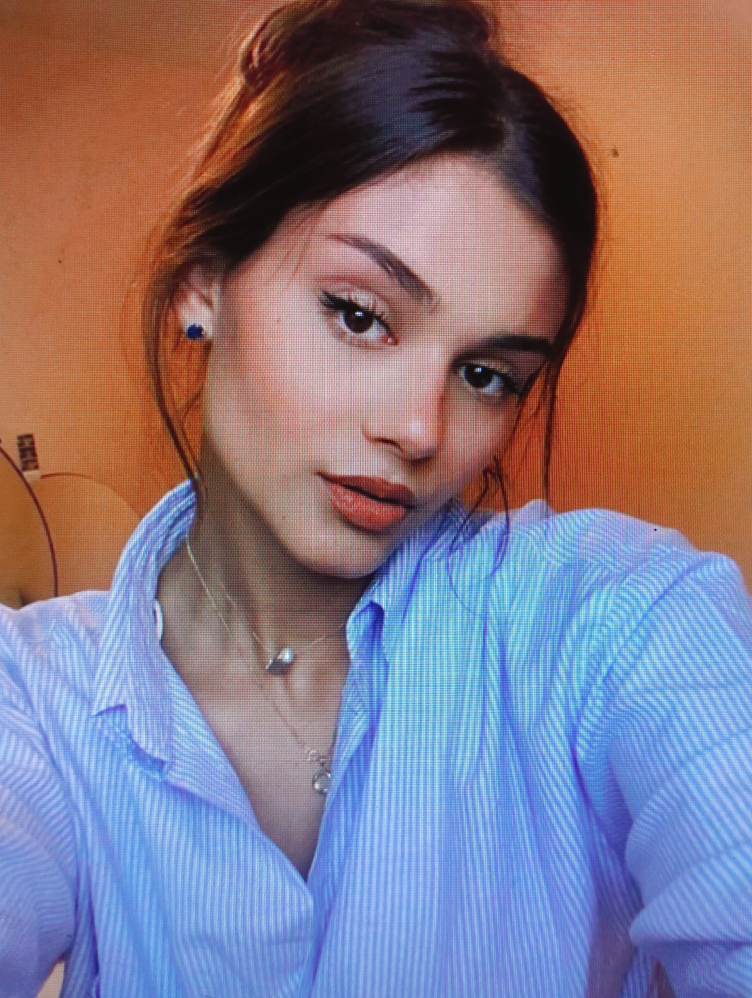 A close-up portrait features a young woman with dark hair pulled back in a bun. She is wearing a light blue striped button-down shirt and a necklace with two pendants. She has on subtle makeup, including eyeliner and lipstick. A small blue earring is visible in her left ear. The background is a solid, warm orange color, suggesting an indoor setting with warm lighting. There is no identifiable urban environment or specific location in Sluck, Belarus, visible in the image.