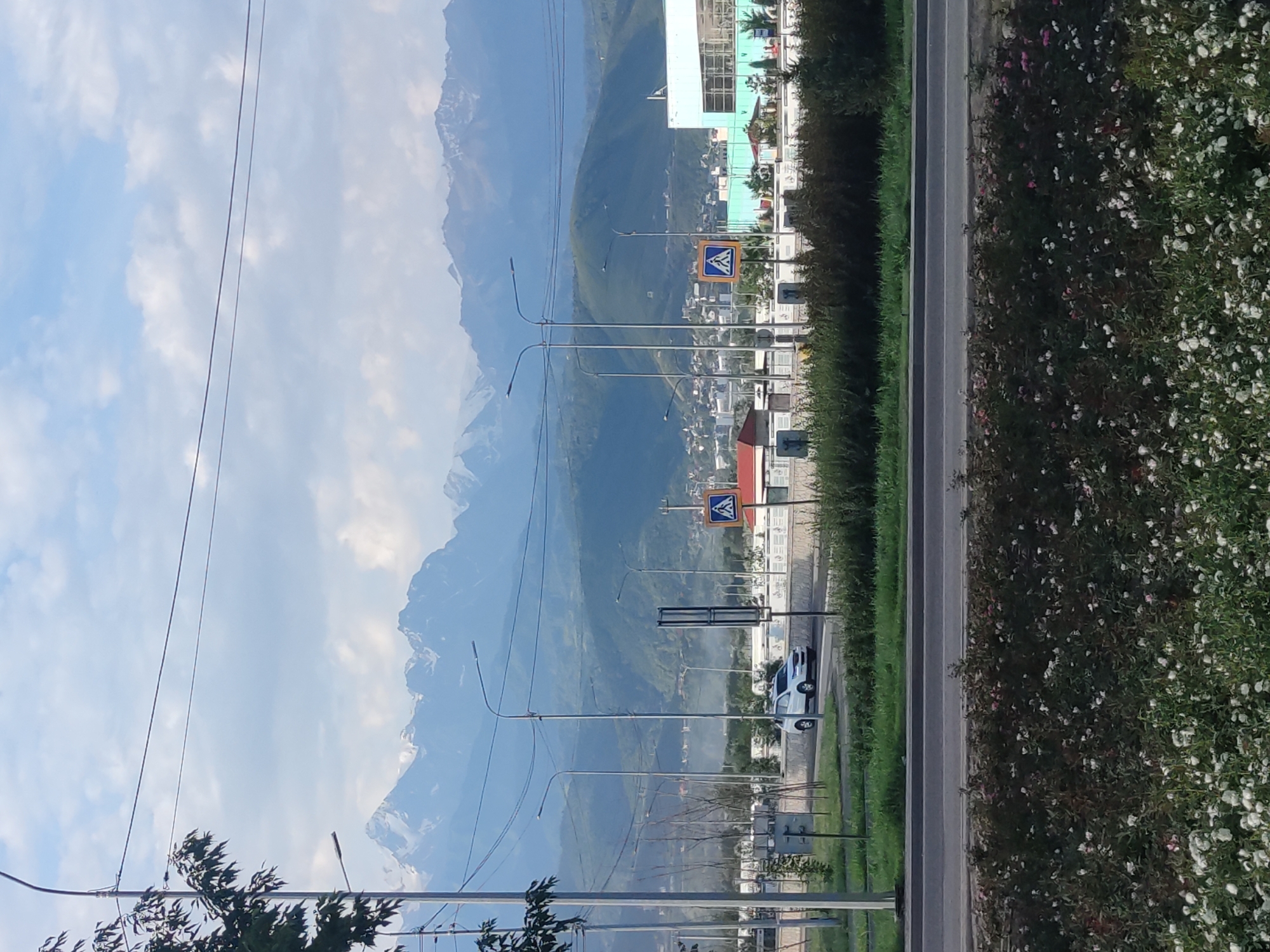 In Almaty, Kazakhstan, a white SUV is captured driving on a road in the foreground. Behind the vehicle, a cluster of trees and bushes line the street, leading to a cityscape with buildings of various sizes. Further in the background, a range of majestic mountains with snow-capped peaks dominates the horizon under a partially cloudy sky. The scene is illuminated by natural daylight.