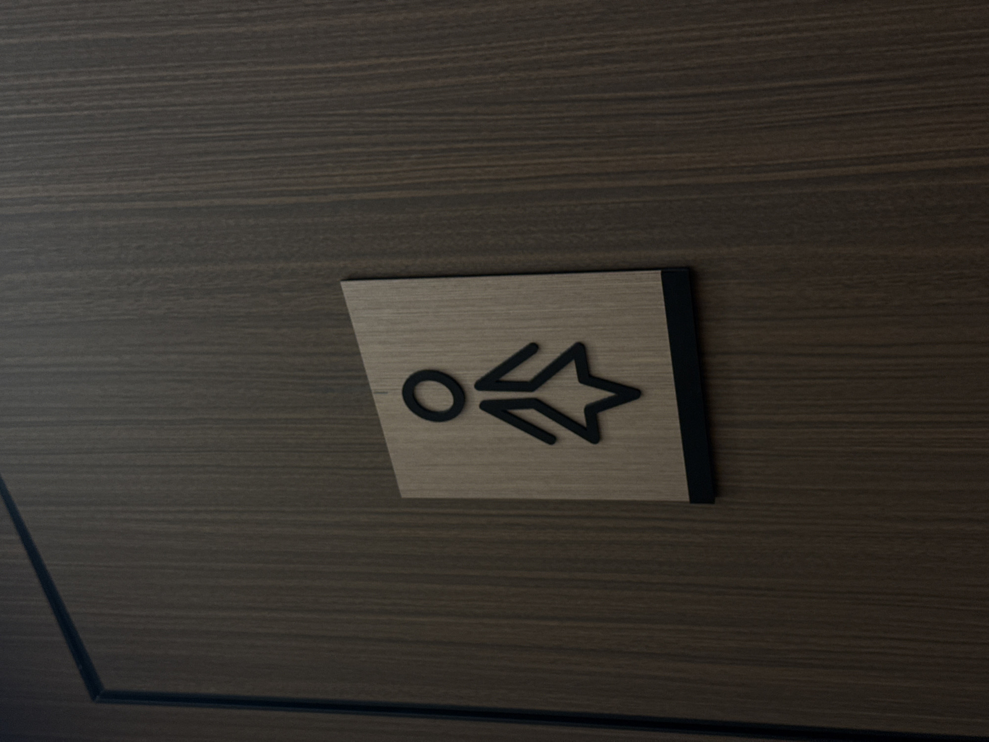 A close-up shows a wooden door with a sign indicating bathroom facilities. The sign features a geometric symbol consisting of a circle and arrow with a star-shaped tip, signifying accessibility for those with diverse gender identities. The sign is fixed onto the wooden door, which has a horizontal grain pattern. The location appears to be an interior setting in a building, without specific attribution to Yerevan, Armenia.