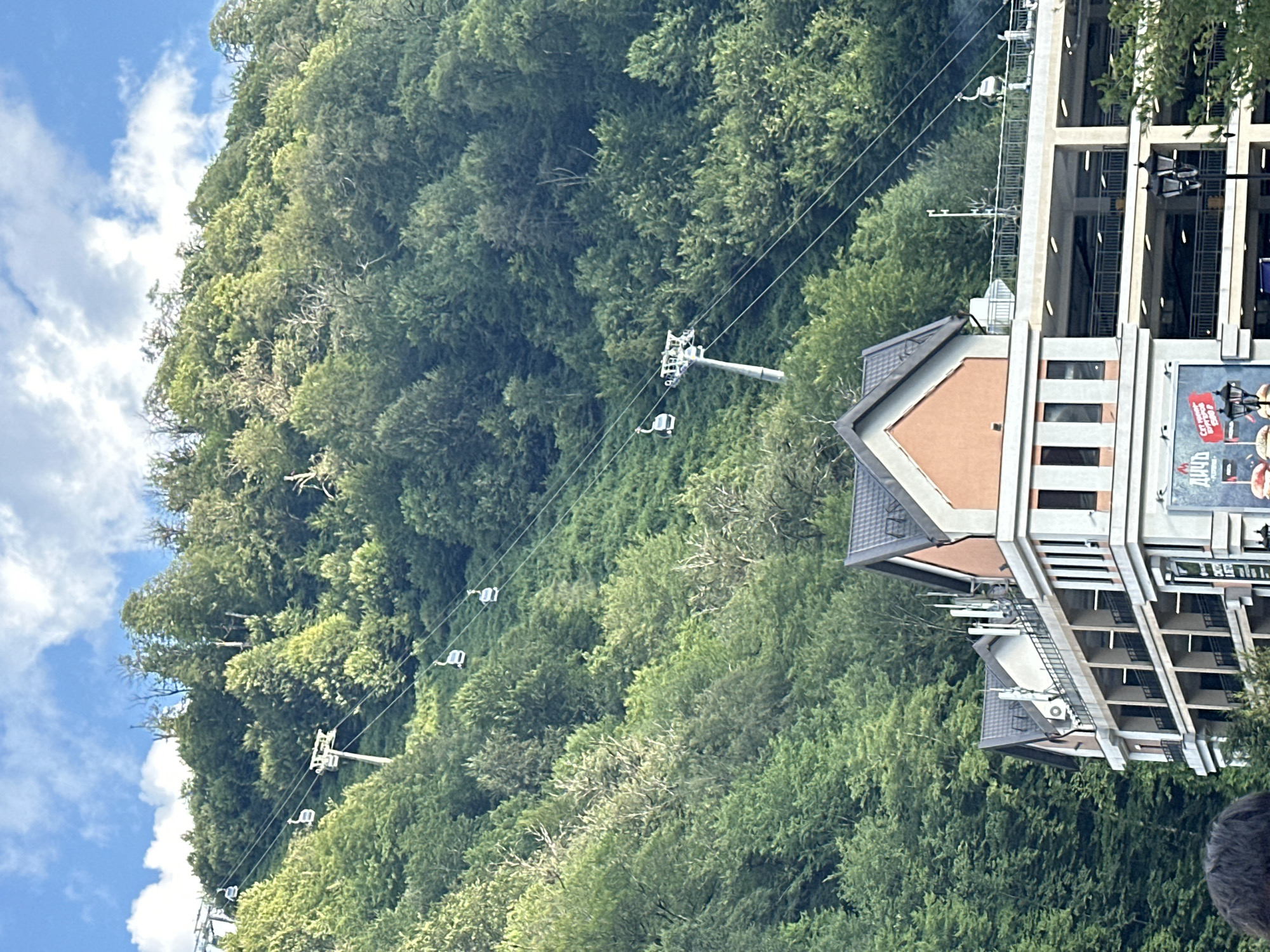 In Estosadok, Russia, a cable car system ascends a densely forested mountainside under a partly cloudy sky. The cable car tracks are visible, with multiple cabins suspended in the air, moving towards the summit. At the base of the mountain, a multi-story building is situated, featuring a modern architectural design with a mix of concrete, glass, and terracotta-colored accents. The building appears to be a commercial or residential complex, with balconies and open-air levels. The foreground shows the top of a person's head, indicating their presence in the scene. The overall environment suggests a resort area, likely catering to outdoor activities or tourism.