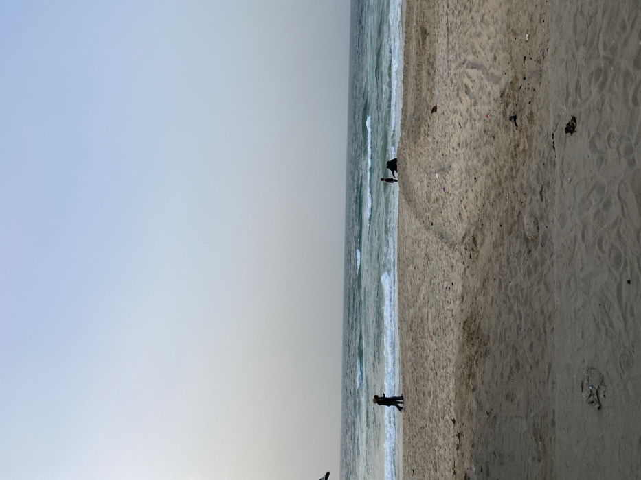 A beach scene depicts the shoreline with calm waves gently meeting the sandy coast. Two pairs of people are present near the water's edge. The sky overhead is a clear gradient from light blue to a muted grey, suggesting either early morning or late afternoon. The sand is light tan, with scattered debris. Footprints and trails are visible in the sand. The image is oriented in portrait mode.