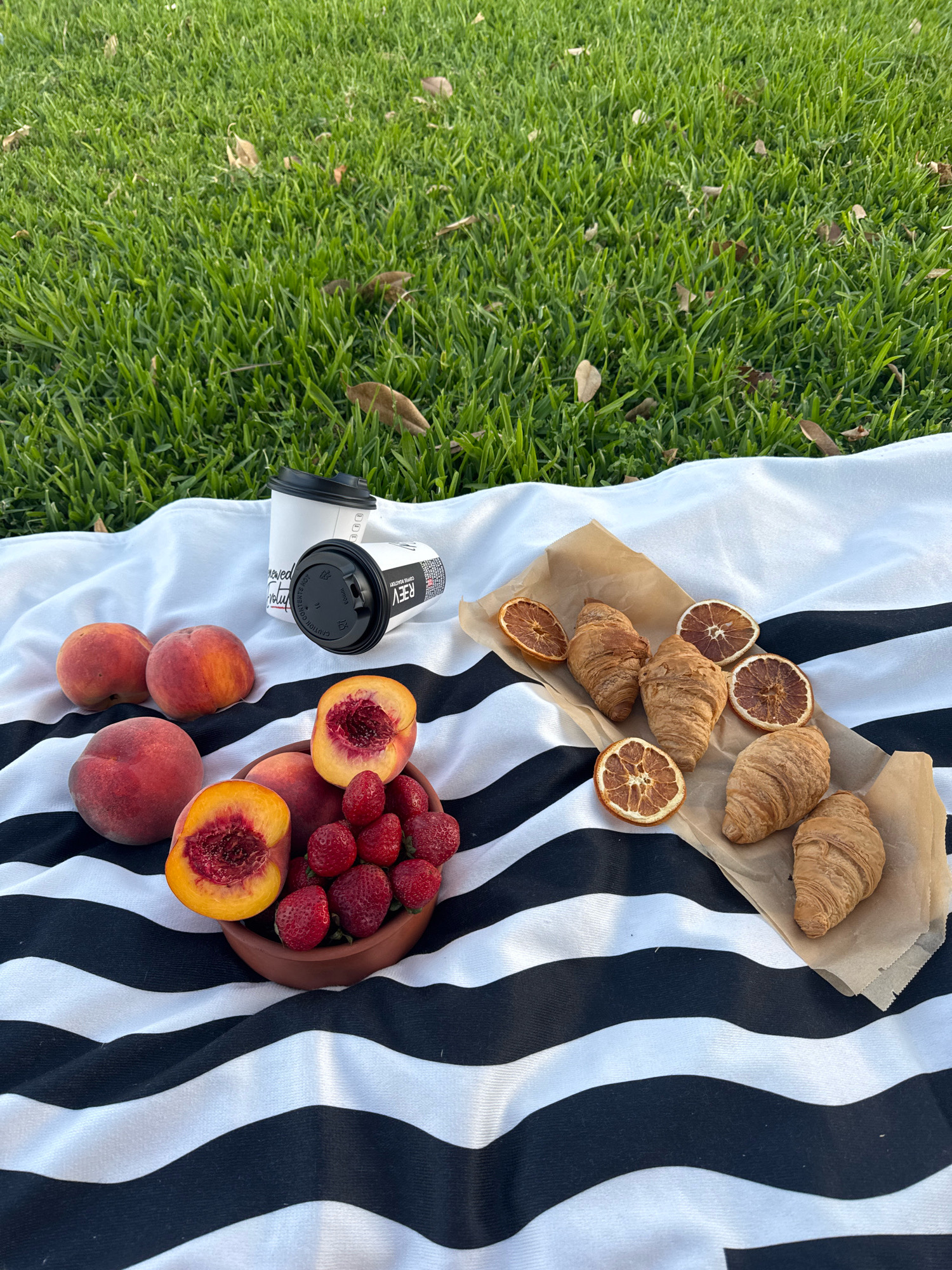 A picnic is laid out on a black and white striped blanket on green grass. The picnic includes several whole peaches, halved peaches, a bowl of strawberries, croissants, dried orange slices, and two disposable coffee cups. The coffee cups have black lids and logos. The scene is outdoors with the background consisting of green grass and scattered fallen leaves. There are no people or animals visible in the image.