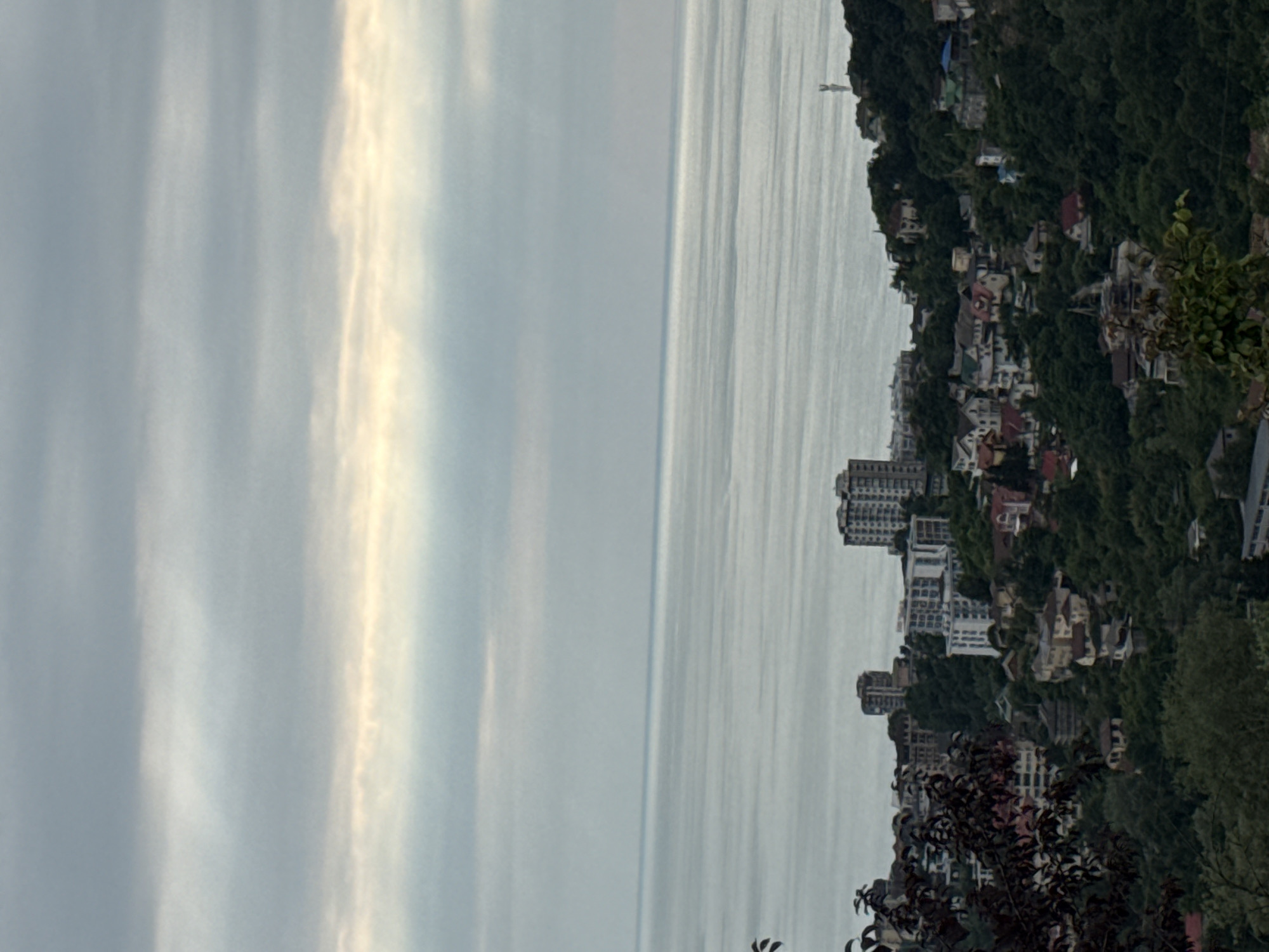 The image depicts a panoramic view of a coastal city, likely Baranovka, Russia, as suggested. The scene is dominated by the sea and the sky. The sea is a muted gray, reflecting the overcast sky, with subtle horizontal lines suggesting gentle waves or the effect of wind on the water. The sky is a blend of grays and whites, with a brighter band of light breaking through the clouds, hinting at sunrise or sunset.
Below the sea, a densely populated hillside town unfolds. Buildings of various sizes and architectural styles are scattered across the lush green slopes. There are several multi-story buildings, some appearing modern with clean lines, while others are smaller, with pitched roofs in shades of red, white, and beige, giving a more traditional feel. The vegetation is thick and verdant, with trees and bushes covering much of the hillside and interspersing between the structures. The overall impression is of a European coastal town nestled against a backdrop of natural beauty.
In the foreground, on the left side of the image, dark-leaved trees partially obscure the view, adding depth to the composition. The lighting is diffused due to the cloudy conditions, casting a soft, even light across the entire scene. There are no visible people in the image. The atmosphere is serene and quiet, suggesting a peaceful moment captured in time.