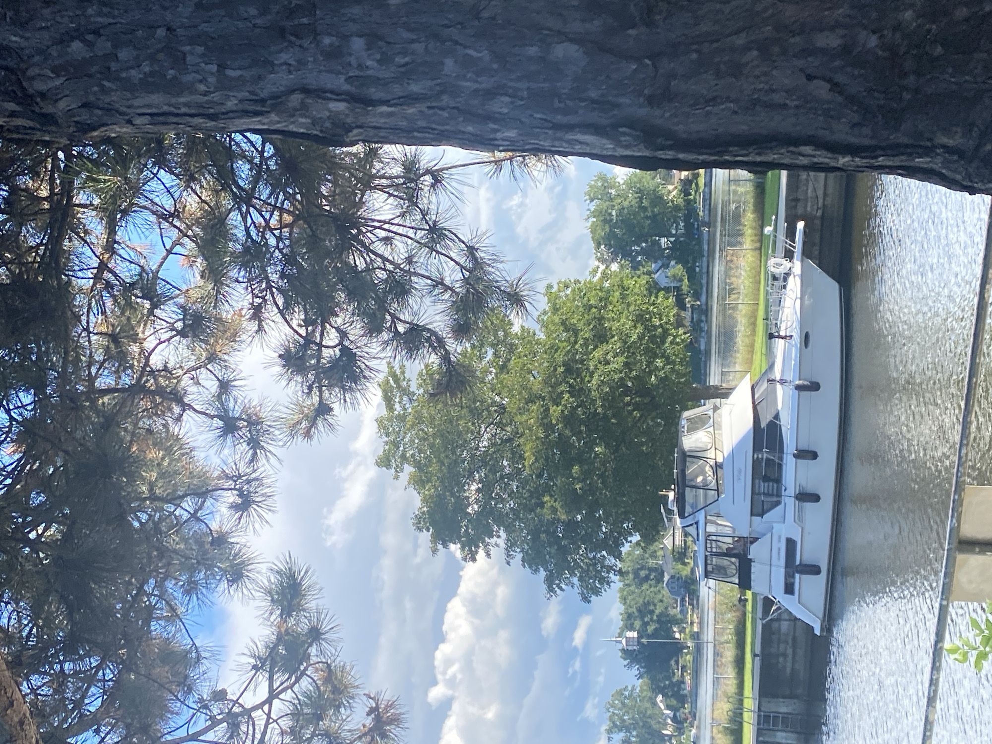 A white motor yacht is docked on a canal, with trees framing the foreground. The yacht has a dark-colored canopy over the bridge and a dark hull stripe. It is moored to a concrete wall with black fenders. A metal ladder extends from the wall into the water. In the background, there are more trees, houses, and a bright blue sky with scattered white clouds. The scene appears to be a sunny day. This view is likely from the waterfront in Sainte-Anne-de-Bellevue, Quebec, Canada, known for its canals and marinas.