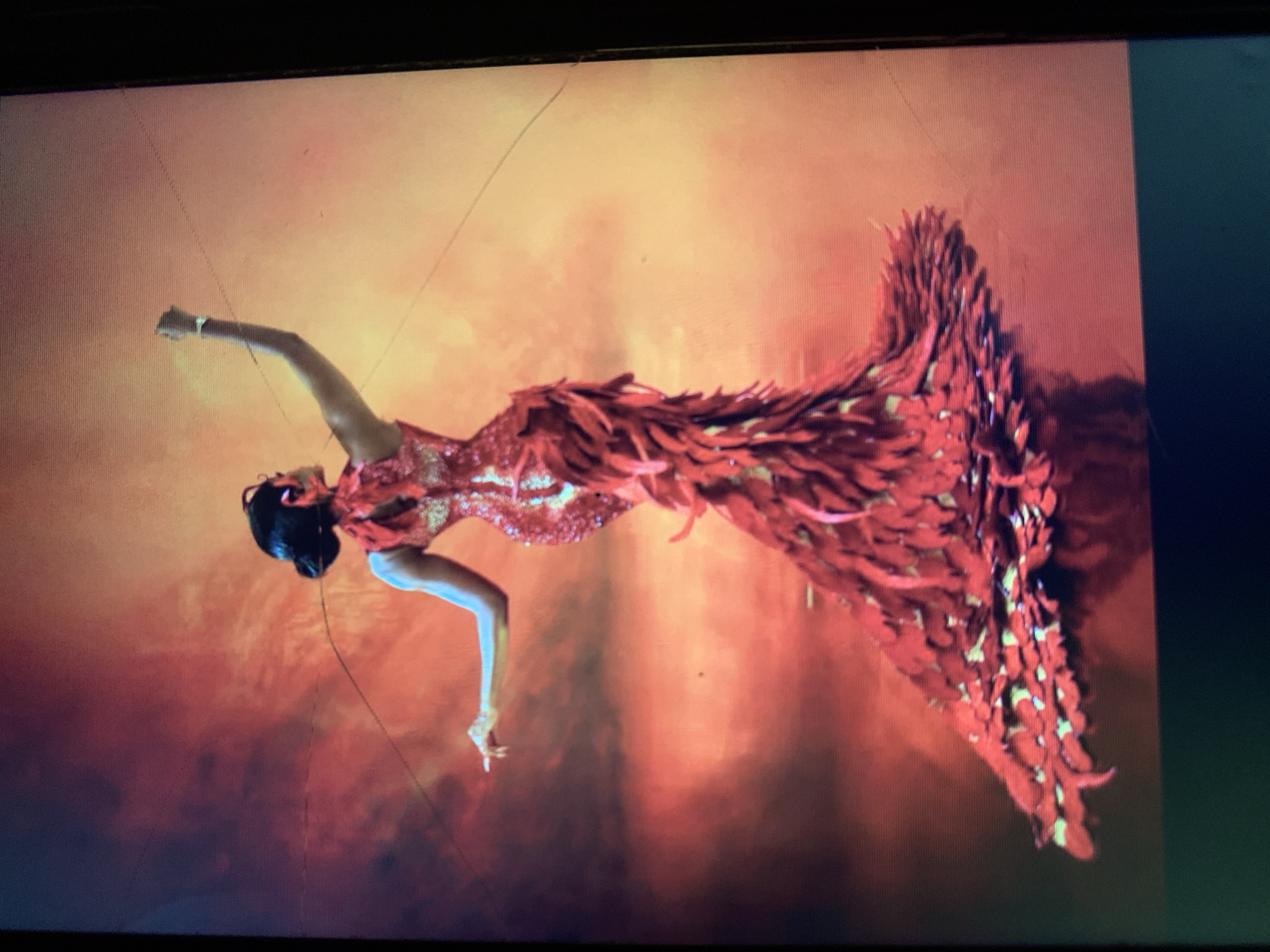 A woman in a red, feathered gown stands against a reddish-orange backdrop. Her arms are raised, one slightly higher than the other. She is wearing a headpiece. The image appears to be a photograph of a screen or monitor, with visible lines or cracks in the upper left corner. It does not include the city of New Stadium, Nigeria.