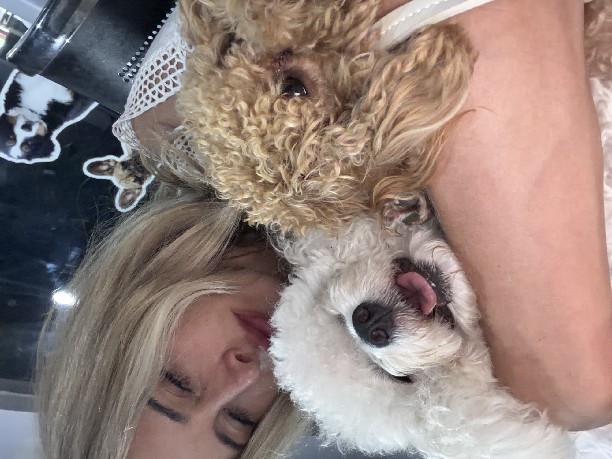 A selfie shot in Kedewatan, Indonesia, shows a person with long blonde hair, closed eyes, and pursed lips. The person is embracing two small dogs. One dog has tan, curly fur, and the other is white and fluffy with its tongue sticking out. A sticker depicting a dog is visible near the top-left corner of the frame.