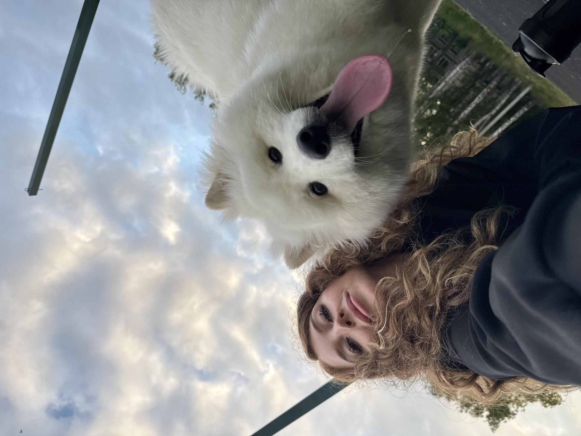 A low-angle, close-up selfie is captured outdoors, featuring a woman and a Samoyed dog. The woman, positioned on the left, has long, curly blonde hair and is wearing a black hoodie. Her gaze is directed towards the camera. Next to her, on the right, the dog's head is prominently displayed, with its mouth open and pink tongue hanging out, showing a droplet of saliva. The background consists of a cloudy sky with hints of blue, and beyond that, a blurred landscape of trees and buildings, suggesting an urban or suburban setting. A dark green pole or structure extends from the upper left corner across the sky. In the lower right corner, a black water bottle is visible. The image appears to be taken in Chaikovsky, Russia, based on the provided context.