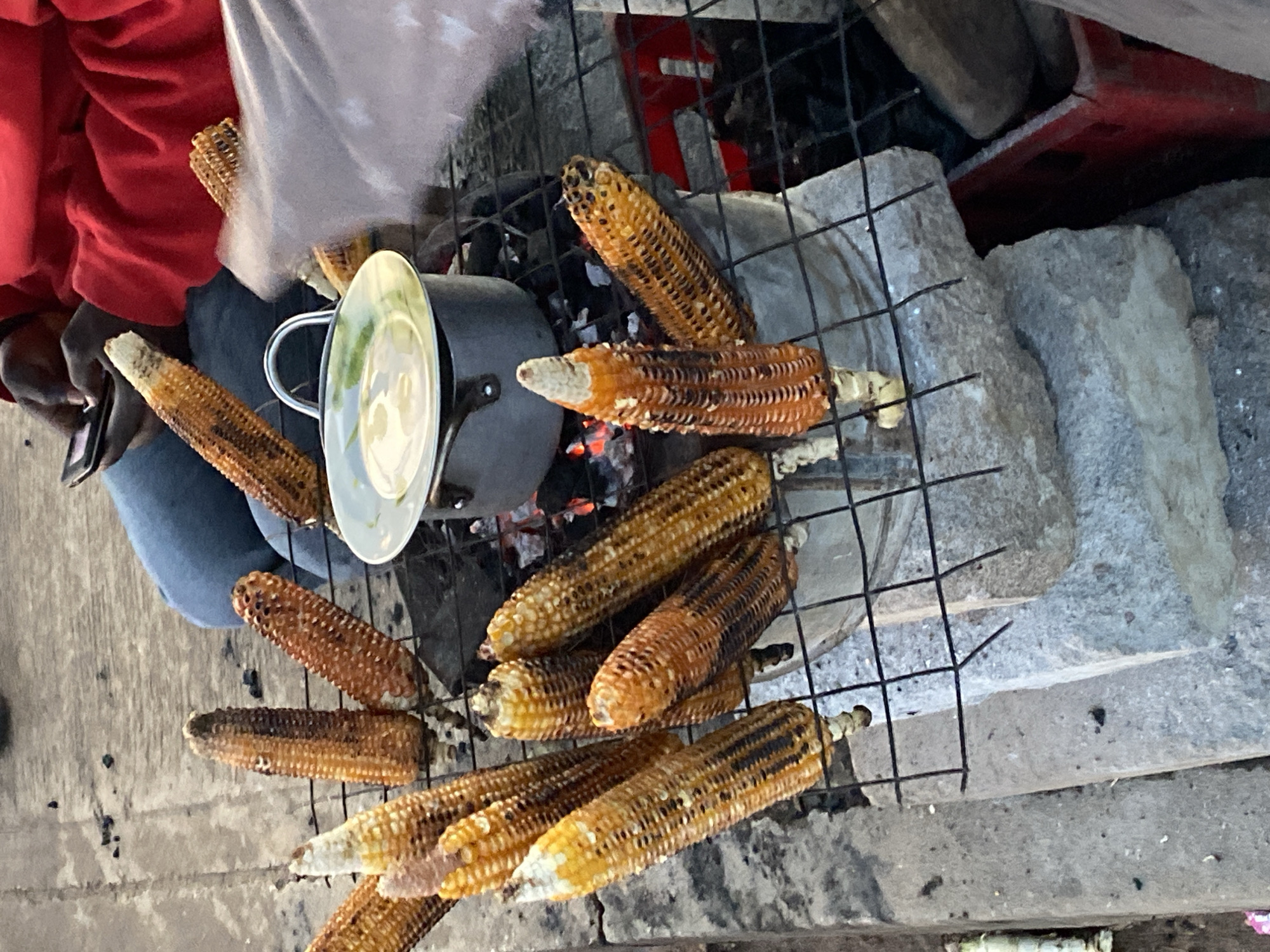 In Bukuru, Nigeria, several ears of corn are being grilled over hot coals. The corn, a vibrant orange and yellow, shows char marks from the heat, indicating it is being roasted. A metal grate holds the corn above the coals, which are visible glowing red through the gaps. A small pot with a light-colored lid sits on the grill to the right of the corn, possibly for steaming or keeping food warm. A person wearing a red hoodie and blue jeans is partially visible in the background, holding a mobile phone. The scene appears to be outdoors, with a concrete or paved surface visible in the foreground.