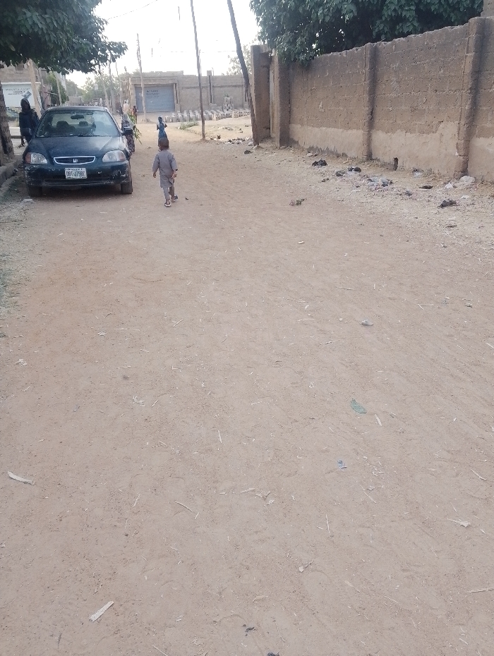 A wide dirt road dominates the view. A dark car sits parked on the left edge, next to a tree. A small child walks away from the camera in the road's center, with another child further down the road. A large brick wall runs along the right side of the road, and buildings are visible in the background, beyond the road. The scene appears to be a residential area in a developing country.
