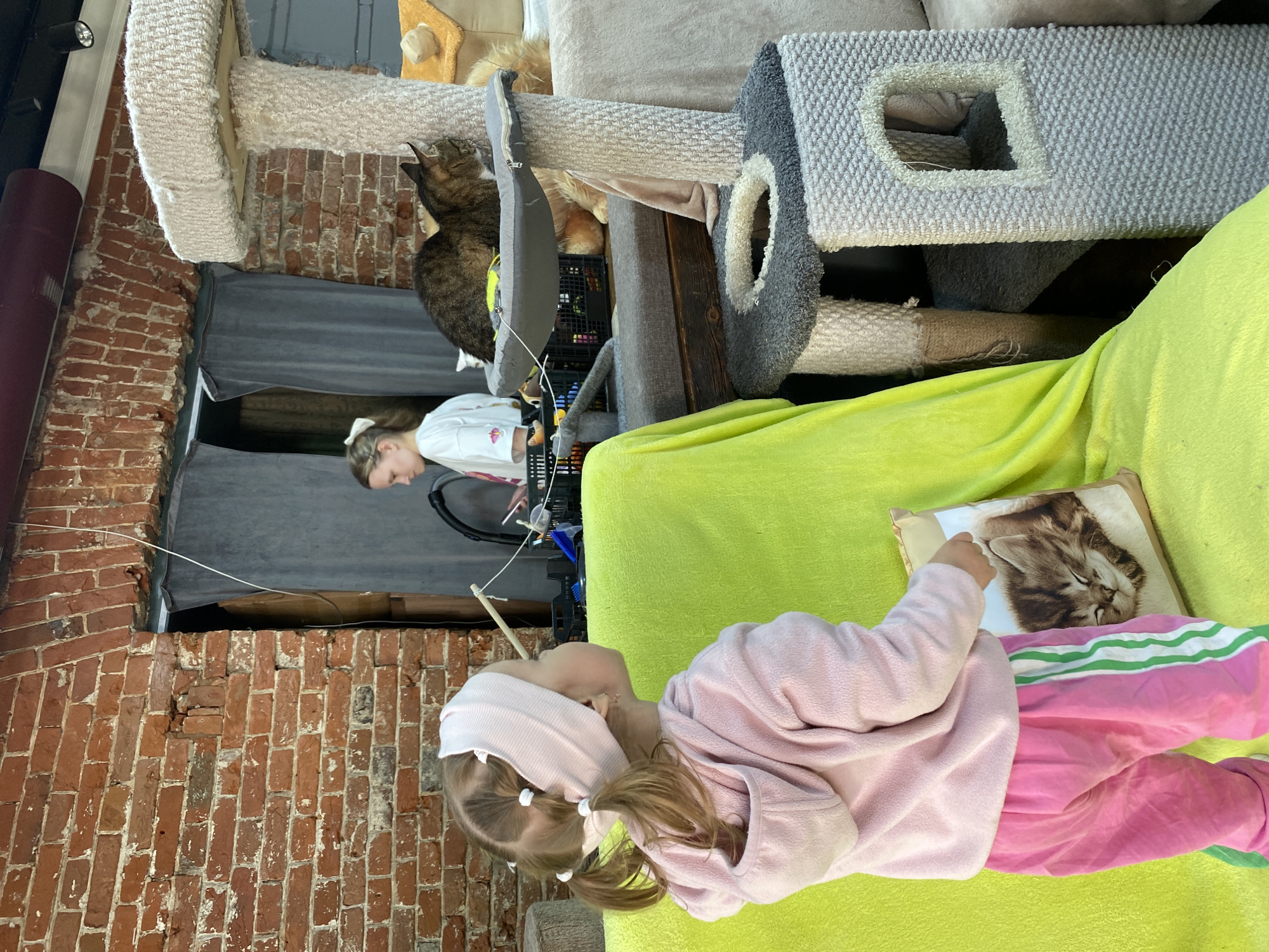 The image, rotated 90 degrees clockwise, portrays an indoor scene featuring two girls and at least one cat within what appears to be a cat-friendly environment, possibly a cat cafe or a home.
In the foreground, a young girl with light brown hair in pigtails secured with white ties and wearing a pink headband is lying on a bright neon green blanket or cushion. She is dressed in a light pink long-sleeved top and pink sweatpants with green and white stripes down the sides. She looks upwards and slightly to the right, with her left hand resting near a pillow featuring a printed image of a sleeping tabby cat.
Further back, an older girl with light hair pulled back, wearing a white long-sleeved top, is partially visible, appearing to observe something or someone to the left.
Between and above the girls, a tabby cat with brown and black stripes is perched on a multi-level cat tree made of light beige and grey carpeted scratching post material. The cat looks upwards. The extensive cat furniture includes various platforms, posts, and cubbies, with one section featuring a circular entry hole visible.
The left side of the background reveals an exposed red brick wall, suggesting a rustic architectural element. Dark gray curtains or blinds are visible behind the older girl. Other background details include various storage items like black crates and what appear to be wires or cords near the cat furniture. The overall atmosphere is relaxed and peaceful, capturing a moment of quiet interaction or observation in a cat-centric setting. No visible text is present.