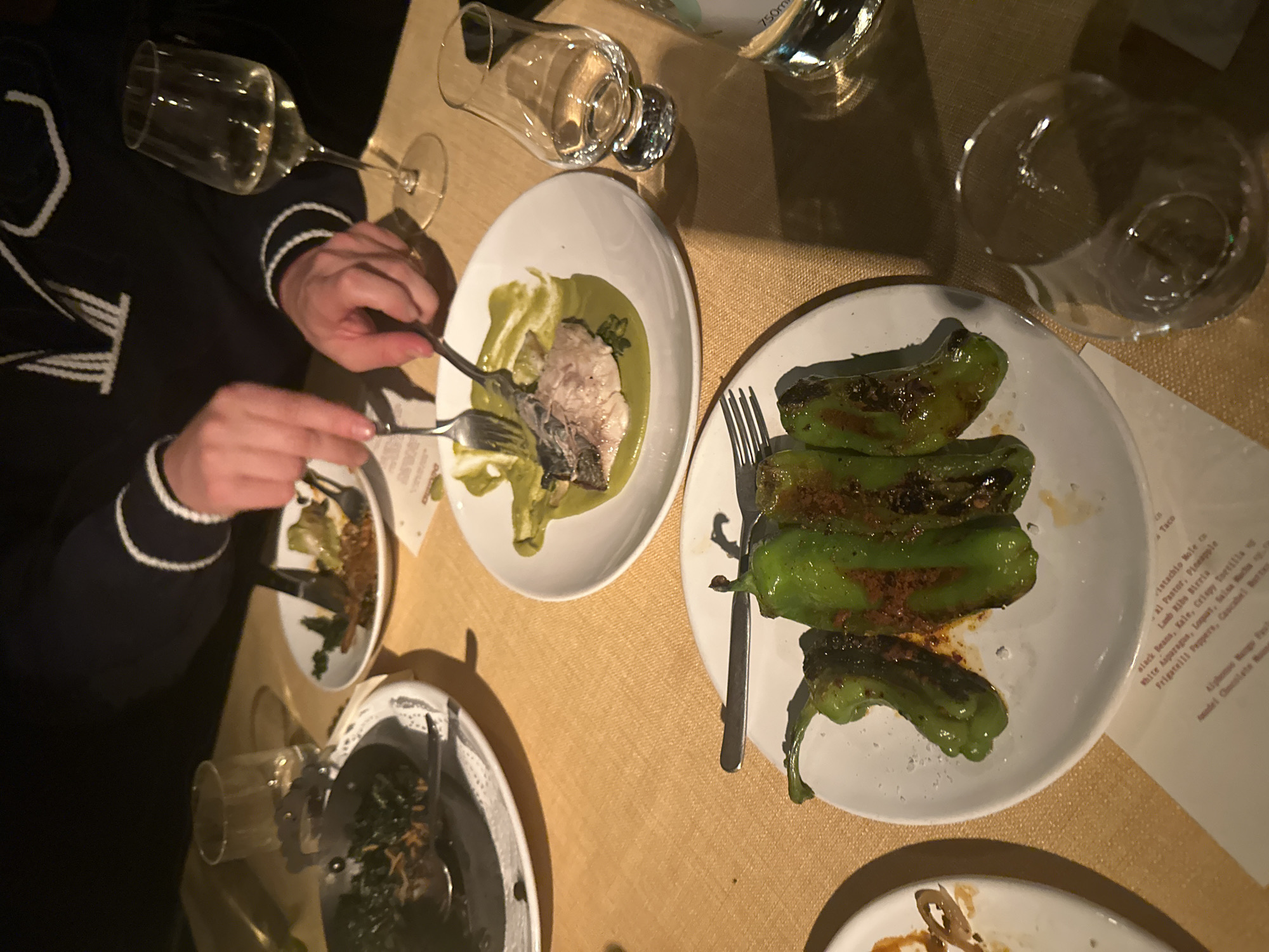 Here is a detailed description of the image:
**Scene:** The image depicts an overhead view of a table setting with various dishes, drinks, and a person dining.
**People:** There's one person visible, partially cropped in the frame. They are wearing a dark blue sweater with white accents. Their hands are holding silverware, seemingly cutting into a fish dish.
**Subjects and Objects:**
* **Dishes:** There are multiple white plates. One contains what appears to be a portion of fish served with a green sauce. Another plate contains charred green peppers. There is also a smaller plate with a dark-colored dish and another plate with food.
* **Drinks:** There are several glasses on the table, including wine glasses with a clear liquid (possibly wine) and glasses filled with water. There's also a bottle of wine.
* **Table setting:** The table is covered with a textured beige tablecloth. Each plate has silverware set beside it. A menu is partially visible on the right side of the image.
**Actions:**
* The person is actively eating, using a fork and knife to cut into the fish.
**Interactions:**
* The main interaction is between the person and the food. They are in the process of eating a meal.
**Environment:** The overall setting suggests a restaurant or dining environment. The lighting appears soft and warm. The food and drinks are arranged for a fine dining experience.
**OCR:**
* The OCR of the image reveals a menu listing several dishes, including Taco, Vistachio Mole, Lamb Ribo Birria, Al Pastor with pineapple, White Asparagus with loquat, falsa, Black Beans with Kale and Crispy Tortilla, Frigatelli Peppers, Cascabets, Andel Chocolate (possibly the name of a restaurant), Alphons Range P. It also indicates a bottle of wine labeled with 750m.
**Location in London, UK:** The details do not indicate a specific location within London, UK. The image primarily shows a dining experience, and without external clues or specific landmarks, the exact location cannot be determined.