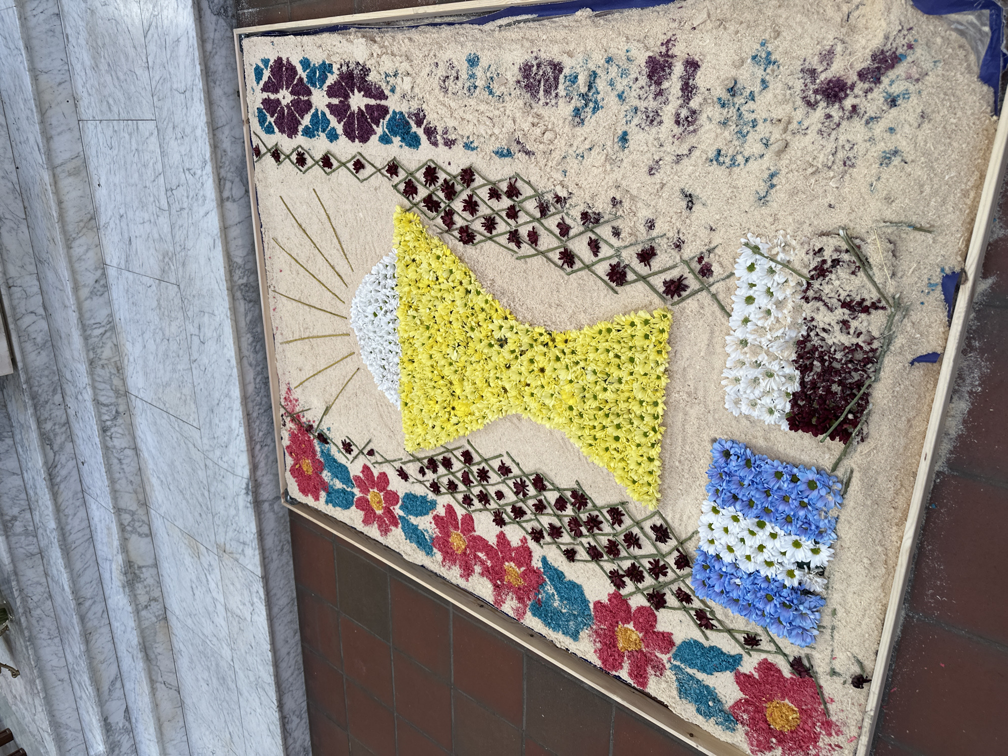 The image depicts a rectangular sand carpet, likely a temporary art installation or decoration for a specific event. It is laid on a tiled floor, presumably indoors or in a covered area.
The carpet features various floral designs arranged within the sand. There is a large bow shape composed of densely packed yellow flowers. To the left of the bow, a semi-circular design made of white flowers is present. Additionally, there are borders or patterns created with different colored flowers, including red, blue, purple, and white. Some designs use a grid pattern made of dark, stem-like structures.
The sand is a light color, possibly beige or cream. The background appears to be filled with a lighter-colored material, presumably sawdust.
The image is taken from a slightly elevated angle. To the left of the sand carpet, marble stairs are visible. To the right, the floor is covered in red tiles.
While the image contains floral designs and elements typical of religious or cultural celebrations, without additional context, it is not possible to determine the specific event being depicted or its exact meaning. No people are visible. The location in Wrocław, Poland, is not apparent from the image itself, and this information has been added based on the prompt's instructions.