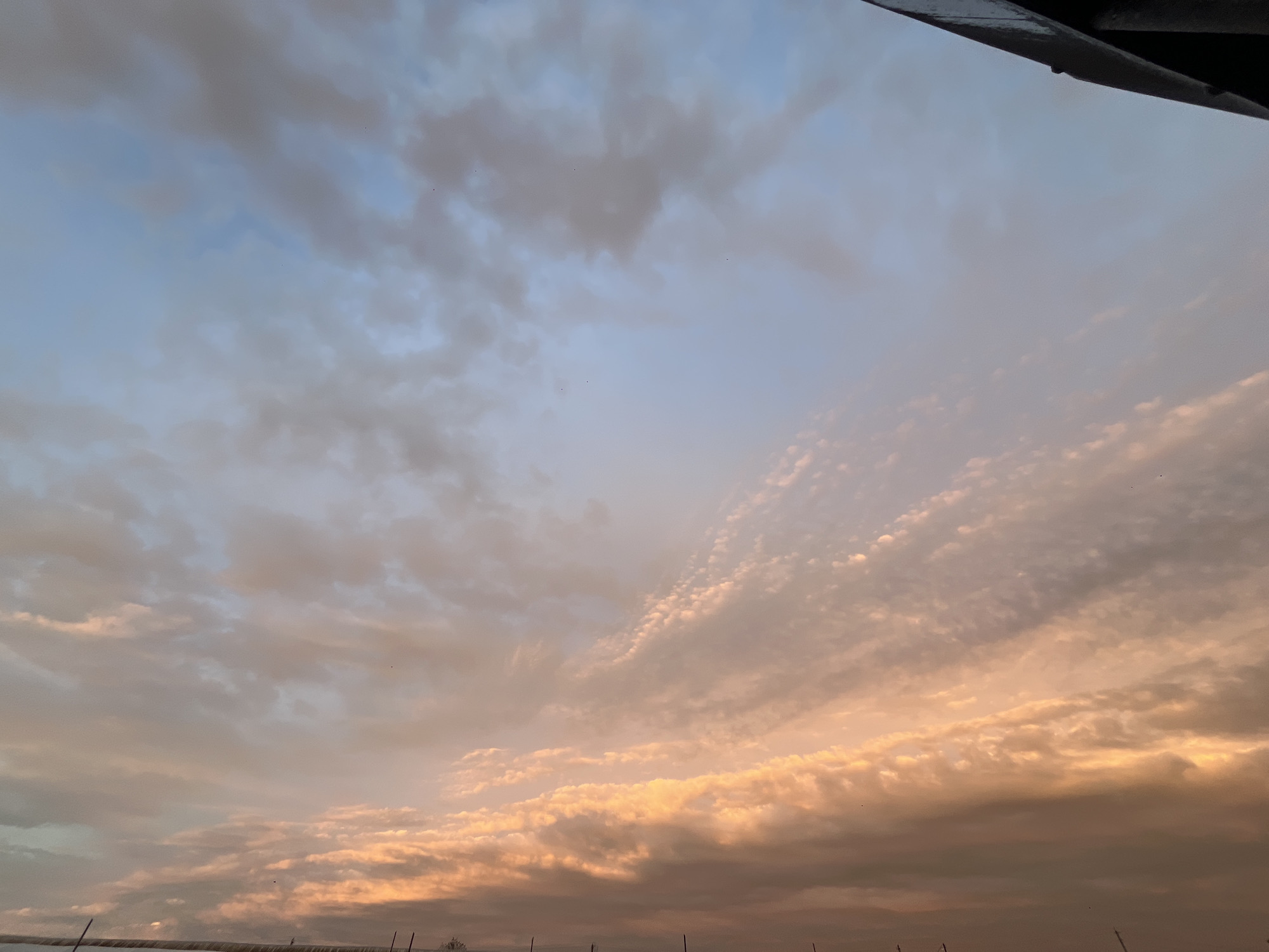 The image is a low-angle shot of a sky with scattered clouds during twilight. The colors transition from light blue at the top to orange and gray at the bottom, indicating sunrise or sunset. There are thin, streaky clouds and puffy cumulus formations. The bottom of the frame shows vague silhouettes of objects on the horizon, appearing as thin, vertical lines. A dark shape is visible in the upper-right corner of the frame, likely part of a building or structure. The photograph was taken in Novopokrovskaya, Russia.
