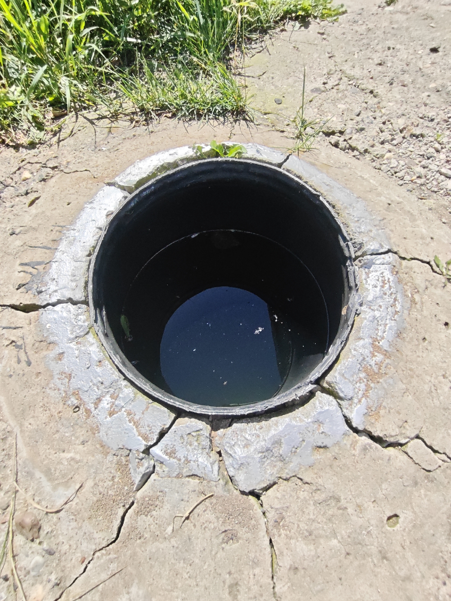 A circular concrete structure, possibly a well or manhole, is open to reveal dark water within. The concrete surrounding the opening is cracked and shows signs of wear, with some painted or coated areas. Blades of green grass and dry dirt are visible around the structure. The scene appears to be outdoors in daylight, with a bright, slightly overcast sky indicated by the shadows. The location is the city of Perm, Russia. There are no people or animals visible in the image.