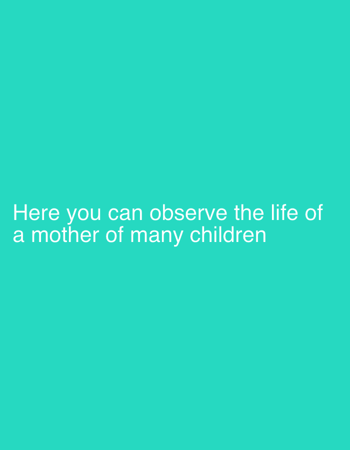 The image displays a solid teal-colored background. Centered at the bottom half of the image, white text reads: "Here you can observe the life of a mother of many children."
The image lacks any visual subjects such as people or objects, and there is no discernible scene, setting, or activity depicted. The entire composition consists solely of the uniform teal background and the textual message. No notable details like time of day, weather, or specific location cues are present within the visual content. While the external context provided indicates Tobolsk, Russia, this information is not visually represented in the image itself.
The stark, blank visual field combined with the invitation to "observe the life of a mother of many children" serves as a conceptual piece. It potentially implies that such a life is so consumed by activity that there is no distinct visual content to show, or perhaps that the "observation" is meant to highlight the absence of visible personal space or time for the mother. The image itself conveys no direct emotion but might evoke a sense of irony or contemplation about the subject matter.