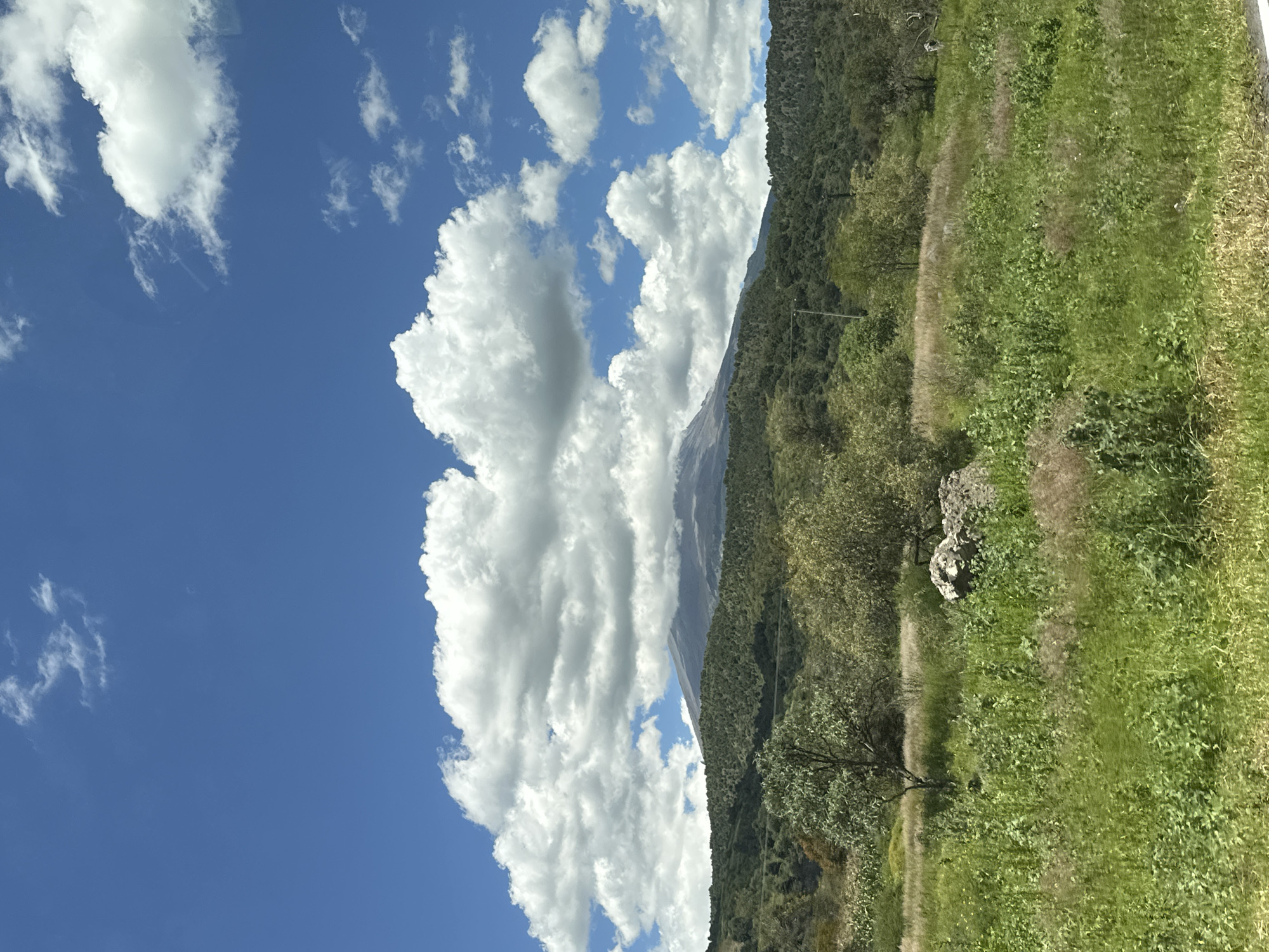 The image depicts a vast, verdant landscape under a bright blue sky dotted with fluffy white clouds. In the background, a majestic mountain, likely the Popocatépetl volcano, looms large, its peak partially obscured by a soft layer of clouds. The mountain is flanked by rolling hills covered in a dense forest of green trees. The foreground is a tapestry of lush green grass and vegetation, with scattered rocks and a few trees adding texture to the scene. The overall impression is one of natural beauty and serenity, likely captured from a scenic viewpoint near Santiago Xalitzintla, Mexico, a town known for its proximity to this iconic volcano. There are no people or animals visible in the image.