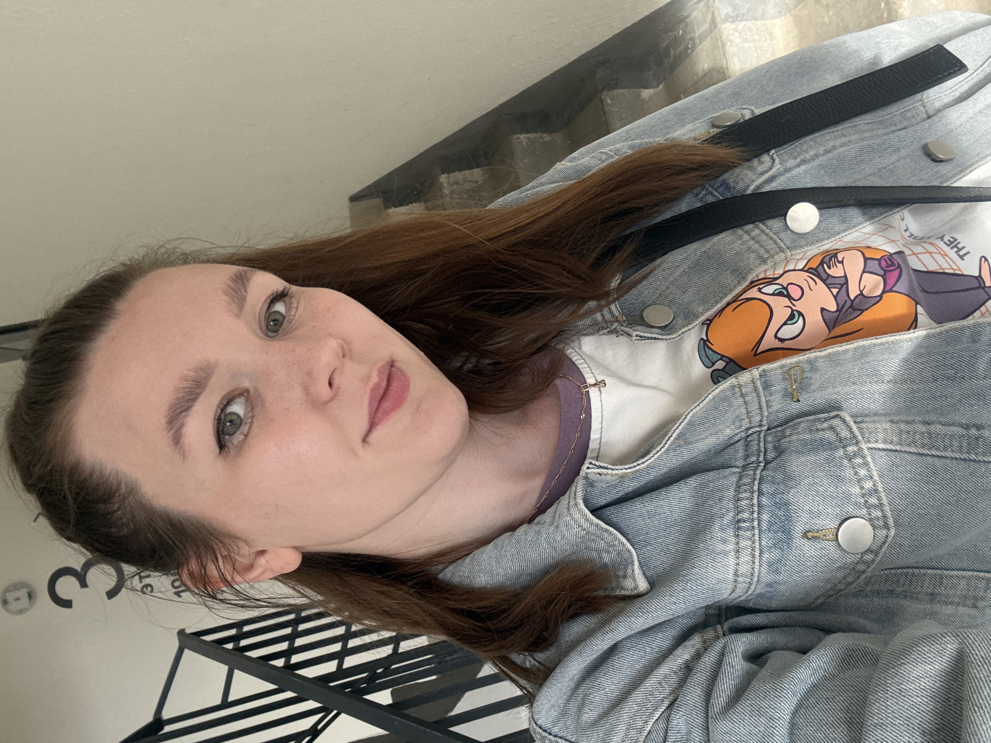 A young woman is captured in a medium close-up, posing for a selfie indoors in Izhevsk, Russia. The image is taken at an angle, showing her face and upper torso. She has long, dark brown hair, parted on the side and falling over her shoulder. Her eyes are a striking greenish-grey, and she looks directly at the camera with a neutral, slightly inquisitive expression. Her lips are a soft pink.
She is wearing a light-wash denim jacket with silver buttons over a white t-shirt. The t-shirt features a colorful cartoon graphic of a female character with orange hair, possibly Rapunzel, wearing a purple top. Part of a thin, gold-colored necklace is visible beneath the jacket, resting on a purple layer of clothing. A black strap, likely from a bag, crosses over her left shoulder and the jacket.
The background consists of a light-colored wall, with a dark, geometric metal structure, possibly a staircase railing or shelving, visible behind her right shoulder. A black number "3" is affixed to the wall near her left ear, suggesting a floor or room number. No specific time of day or weather can be determined from the indoor setting. Visible text on her t-shirt includes parts of the words "THEY" and "ALL".
