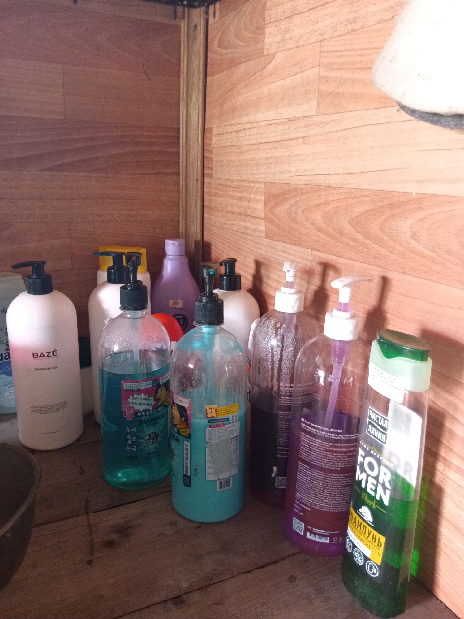 A collection of personal care product bottles, primarily shampoos and shower gels, are arranged on a wooden surface. The bottles are of various shapes, sizes, and colors, with several featuring pump dispensers. The background consists of wooden paneling. The scene appears to be an indoor storage area, possibly a bathroom or utility space, located in Monastirische, Russia.