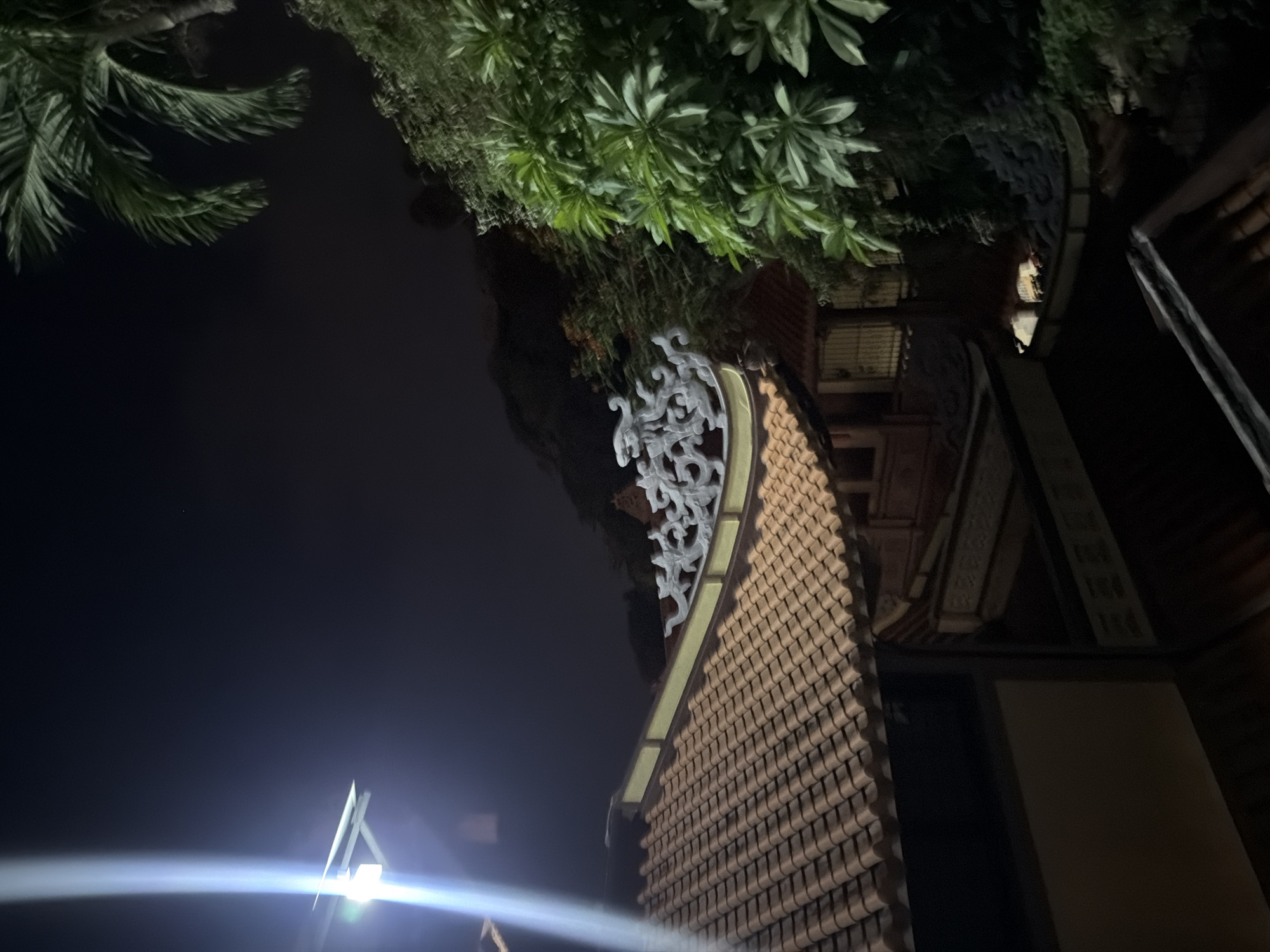 This nighttime image captures a view of a pagoda roof in Nha Trang, Vietnam. The foreground features a section of an ornate, tiled roof, possibly part of a traditional Vietnamese temple or pagoda. A white, sculpted dragon or mythical creature adorns the curved edge of the roof. To the right, lush green foliage, including a palm tree, is visible against a dark sky. A bright light source, likely a spotlight, casts a strong beam from the upper left corner of the frame, illuminating a portion of the scene. The overall atmosphere is serene, with the darkness of the night contrasting with the illuminated architectural details and vegetation.