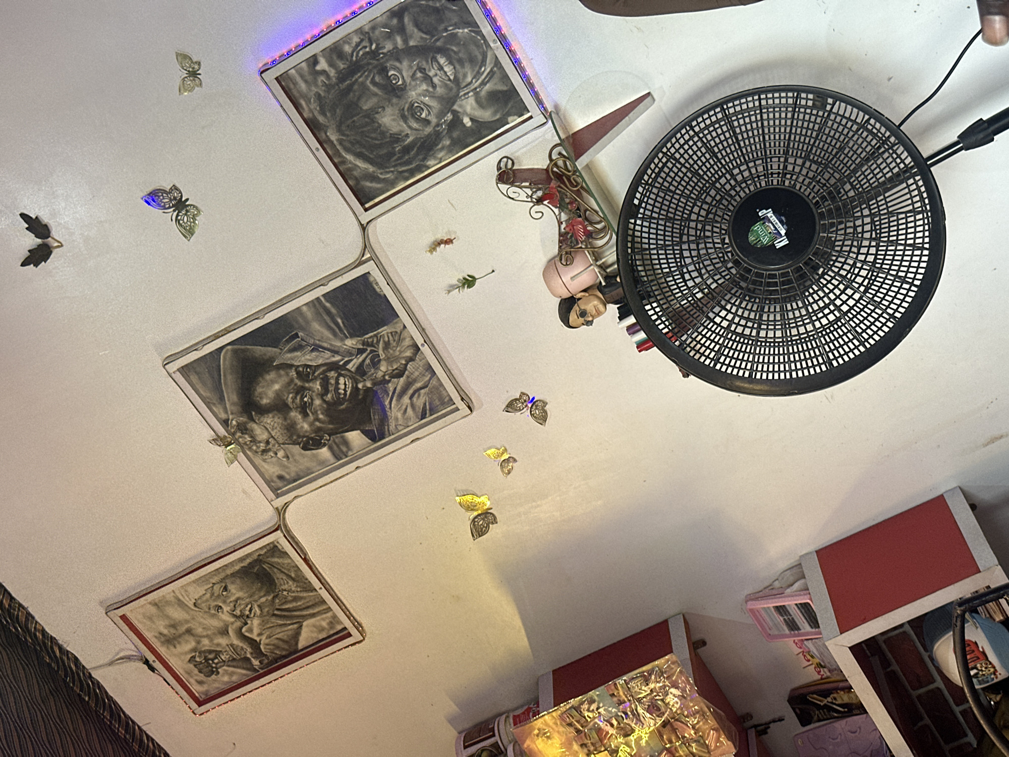 The image shows a partial view of a ceiling, likely in a residential or commercial space, as indicated by the decor. The scene is located in Jos, Nigeria. Three framed portraits of individuals are mounted on the ceiling. The portraits appear to be sketches or drawings. The frames are lit with LED strip lights. Decorative butterfly ornaments are scattered around the portraits on the ceiling. A black electric fan is partially visible in the upper right corner of the frame. Below the portraits, shelves or display cases are partially visible, holding various objects. A finger of a person is barely visible in the upper-right corner. A decorative ornament with flowers, beads, and a doll is mounted on the ceiling between the portraits and the fan. The ceiling is white.
