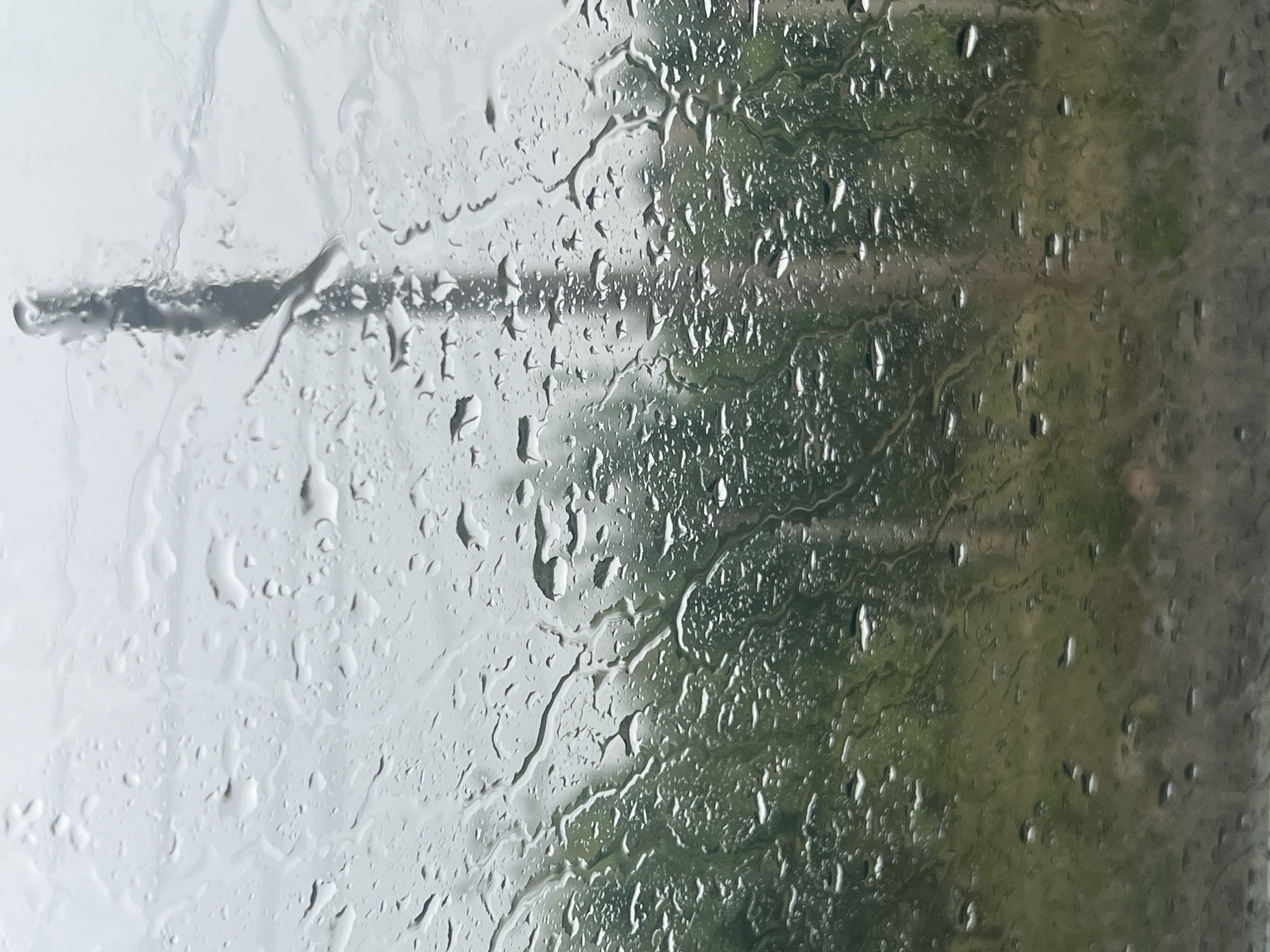 The image shows a view through a rain-streaked glass surface. Outside the glass, there's a blurry green area, possibly foliage or trees. The location appears to be in a city, though the specific city is unknown. The focus is on the raindrops and the way they distort the view beyond the glass. There are no people visible in the scene.