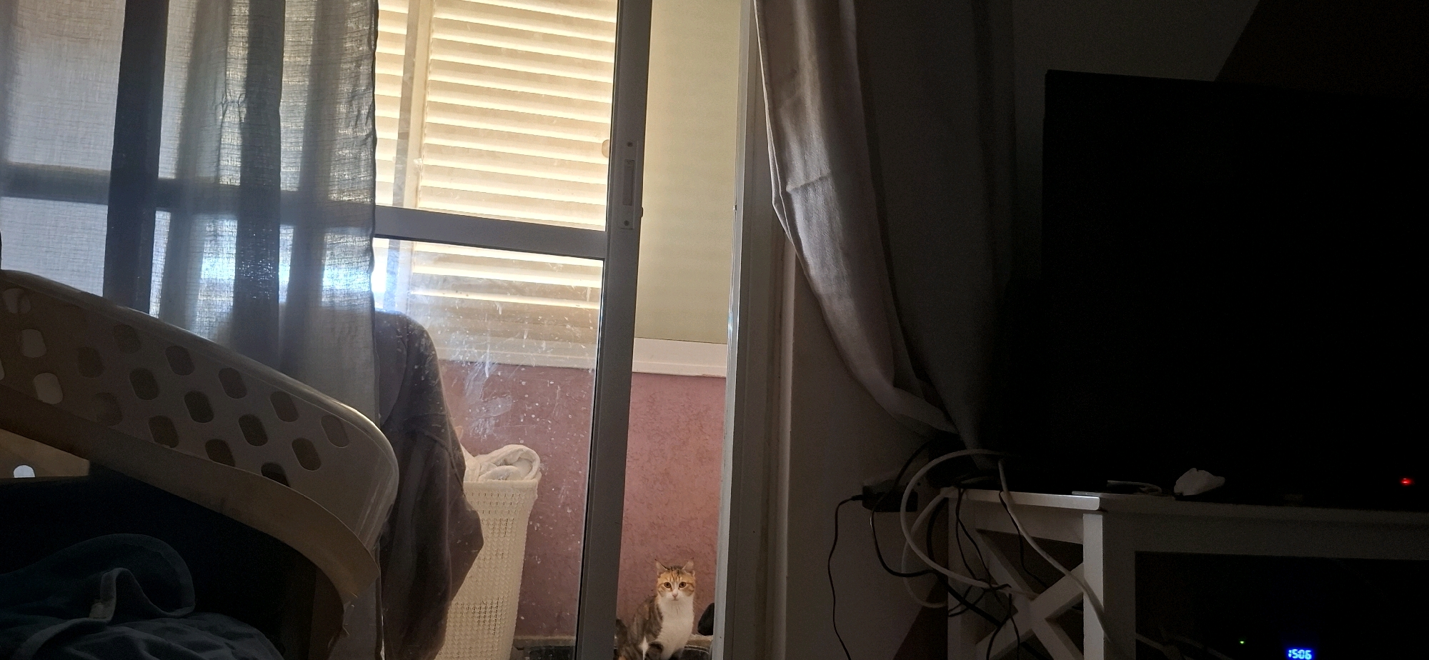 This image captures an indoor scene, likely a living room or entryway, with a partially open sliding glass door revealing an outdoor area. The interior is dimly lit, with a large black television screen dominating the right side of the frame. A white table or stand with tangled cables is positioned beneath the television. To the left, a cream-colored laundry basket or hamper is visible, partially obscuring a view of a person through the glass door. The person appears to be wearing a patterned garment and standing near a window with horizontal blinds.
Outside the sliding door, a cat with orange and white markings is seated, looking directly at the camera. The outdoor area appears to have a pink-colored wall and a clothesline or laundry rack in the background. The overall impression is that of a domestic setting, with the cat being the most prominent subject in the outdoor portion of the image.
The metadata indicates the image was taken in Yerocham, Israel.