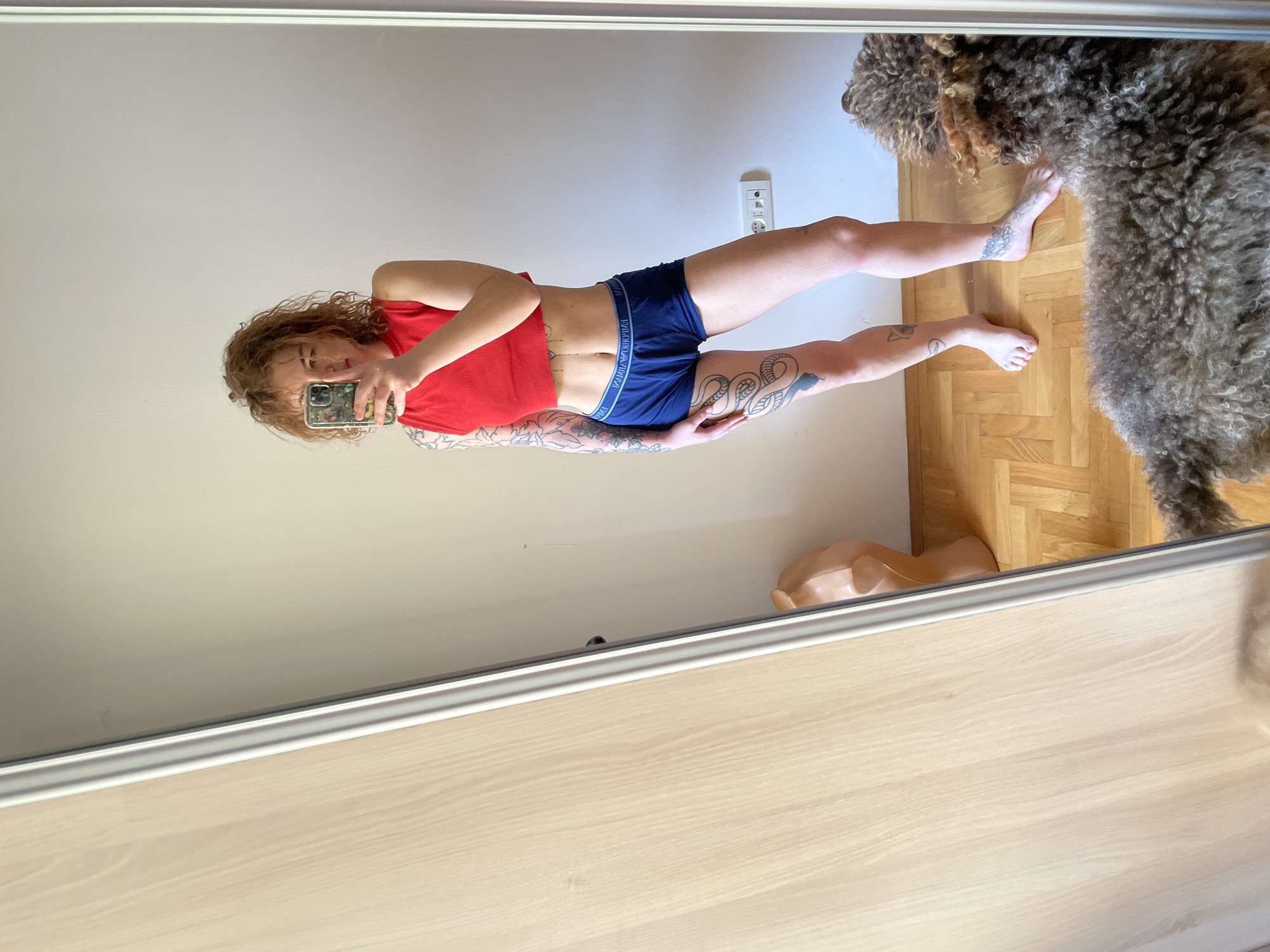 A reflection in a mirror shows a woman wearing a red crop top and blue underwear. She is holding a phone in her hand, taking a picture. Part of a brown dog is visible in the background, standing on a parquet floor. The wall behind the woman has an electrical outlet. A flesh-colored, abstract object is seen near the bottom of the mirror. The scene appears to be indoors. There is no evidence of the location being Boreti, Montenegro.