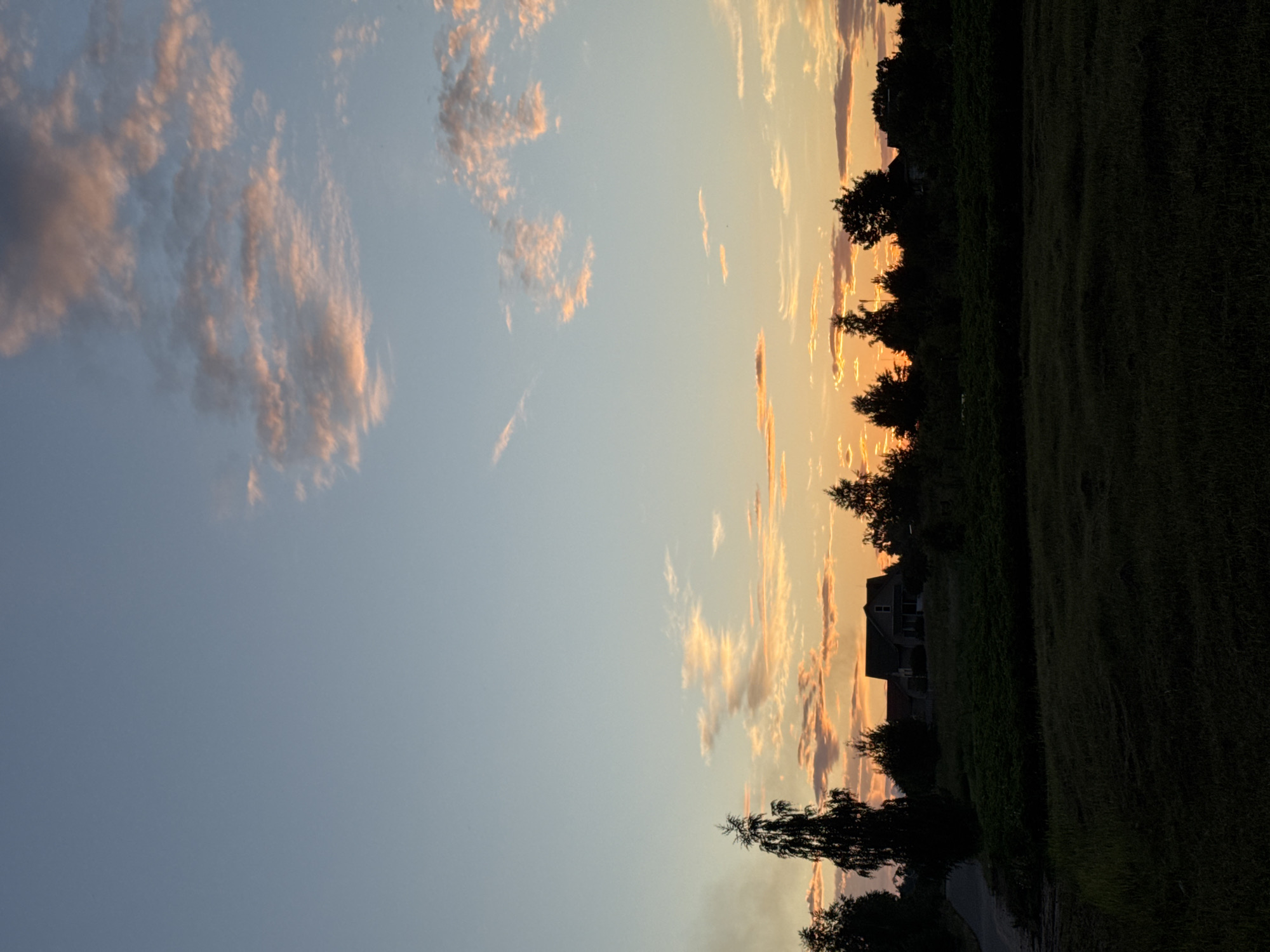 The image depicts a rural sunset scene in the Neman Rural Council, Belarus. A vast, clear sky transitions from a pale blue at the top to a vibrant orange and pink near the horizon. Scattered clouds, tinged with orange and pink hues, drift across the upper half of the sky. The silhouette of a treeline, punctuated by a tall, slender tree on the left, forms the middle ground. A house with a dark roof is visible amidst the trees. In the foreground, a dark, shadowed field suggests a grassy or mown area. A paved road curves into the scene from the left edge, partially visible in silhouette. The overall atmosphere is tranquil and serene, characteristic of a rural evening.