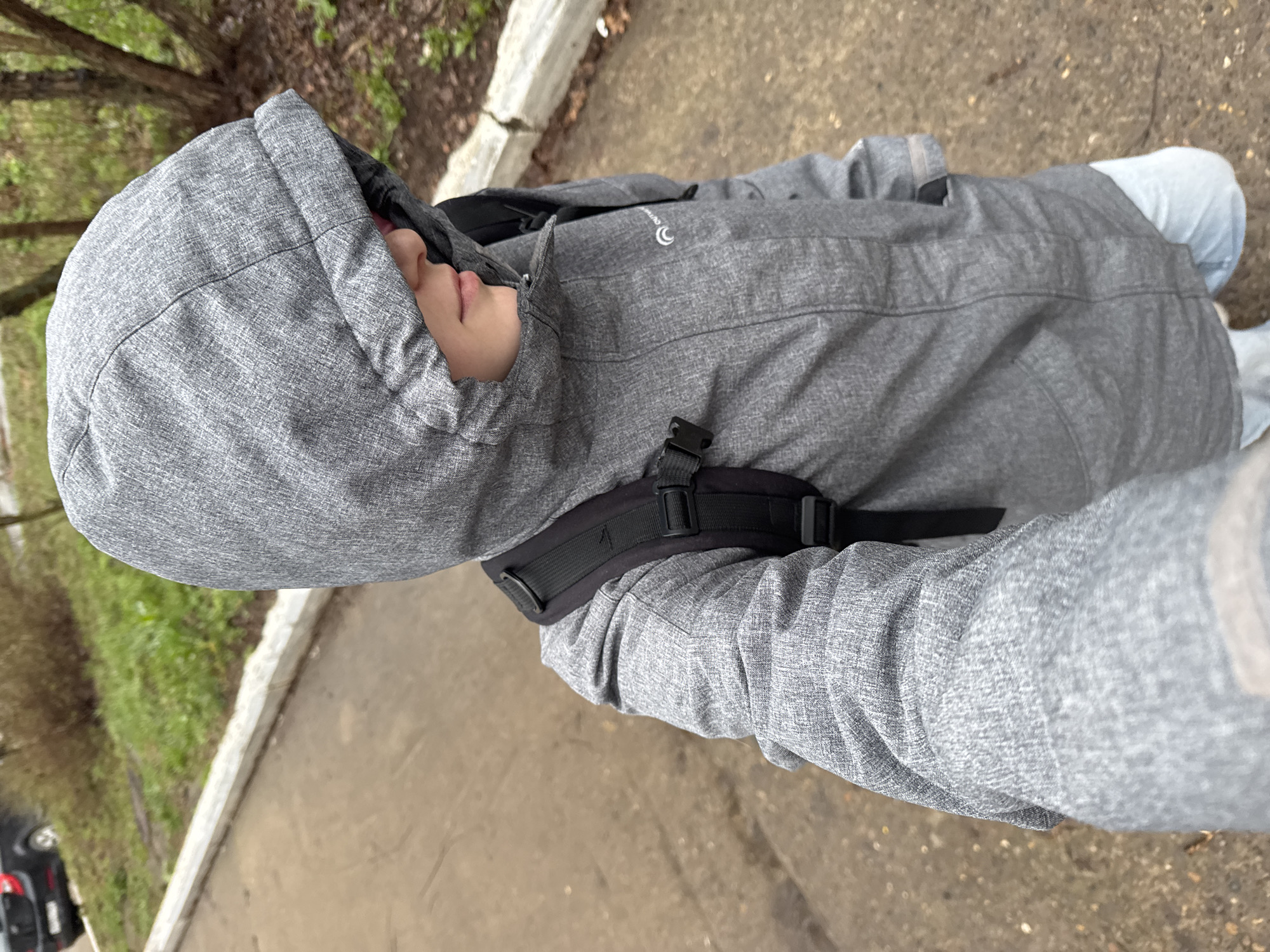A person wearing a gray hooded jacket and backpack stands on a concrete walkway with a curb, a grassy area with trees, and a glimpse of a black car in the background. The setting appears to be an outdoor area in Chaikovsky, Russia.