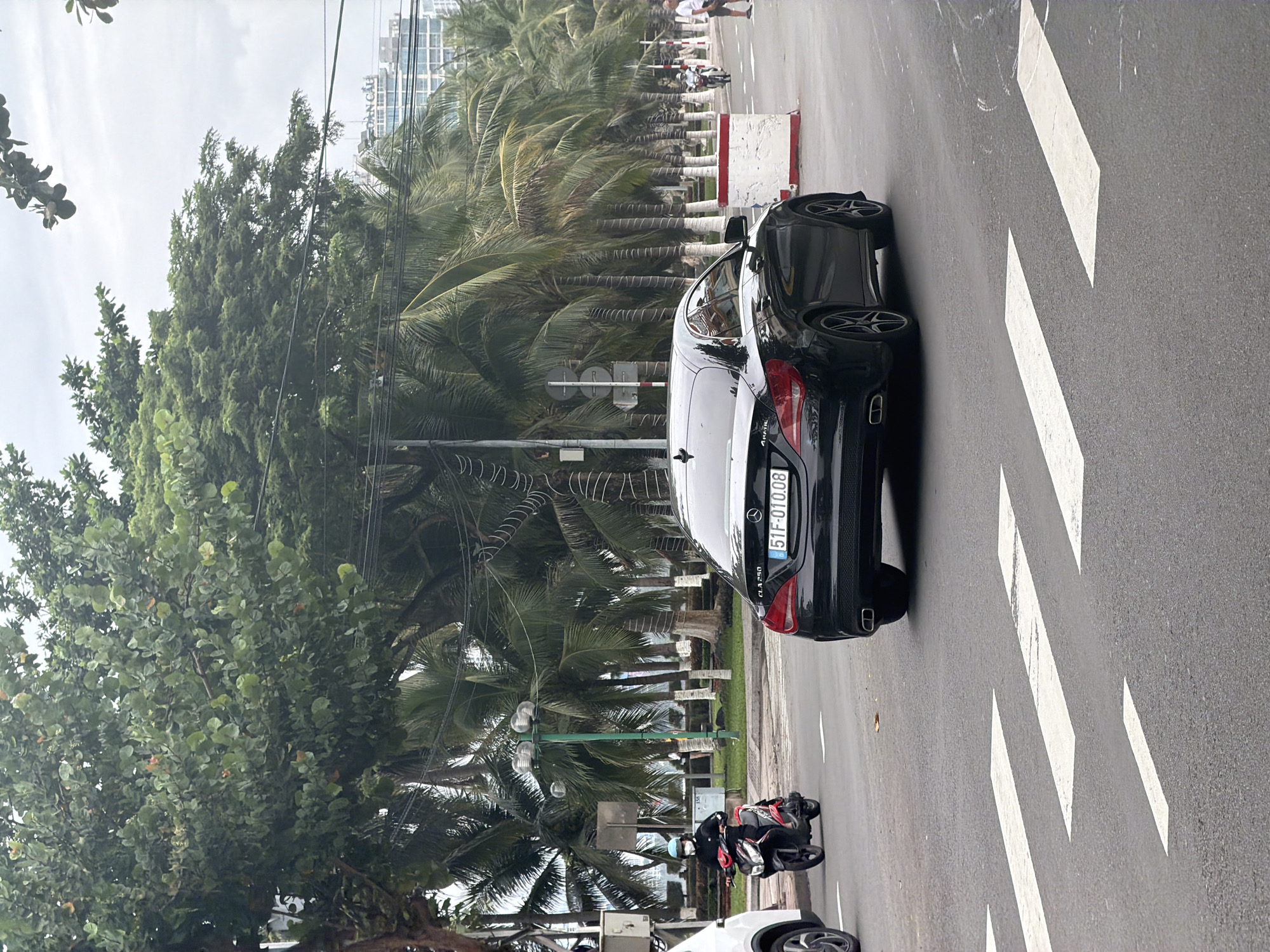 This media file captures a street scene in Nha Trang Ward, Vietnam, under an overcast daytime sky. The road runs vertically through the right side of the frame, with dense green foliage occupying the left.
In the midground, a black Mercedes-Benz CLA 250 car is prominently featured on the right, partially stopped or parked on white chevron-style road markings. The car's license plate, "51F-010.08," is clearly visible, as is the "4MATIC" badge on its rear. Slightly in front of the car, a black scooter is parked on the roadside.
The left side of the image is dominated by lush green trees, including broad-leafed species in the immediate foreground and numerous tall palm trees lining the road further back. In the background, behind the palm trees and other foliage, several tall urban buildings are visible. One distant building has the text "DÂN CẦU" near its top.
Other details include concrete barriers with red and white tops lining the street, a green street lamp pole with multiple light fixtures, and a network of overhead power lines crossing the upper portion of the frame. A few pedestrians can be seen walking further up the road among the palm trees. The overall impression is a typical urban coastal environment with significant green infrastructure.