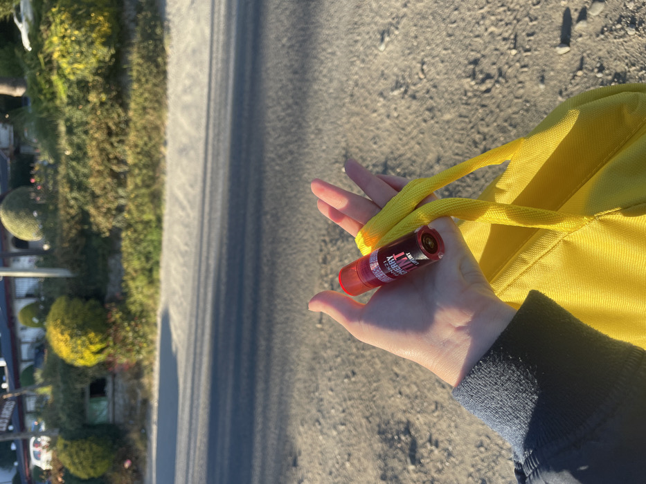 A human left hand, wearing a dark blue long-sleeved garment at the wrist, is centered in the lower portion of the frame. The hand holds a translucent red cylindrical container, labeled "PINK 21 CHERRY LIP TINT," in its palm. The strap of a bright yellow fabric bag is also grasped by the fingers. The immediate ground consists of a dark asphalt road with subtle parallel shadows, transitioning to a lighter, textured surface to the right. The background features a sloping bank of dense green foliage, including several spherical and natural-form bushes. Partially visible behind the foliage is a light-colored building with a dark roofline, displaying a sign reading "LOS ARCOS," indicating the location as San Carlos de Bariloche, Argentina. Two light-colored automobiles are partially visible on the distant left and right sides of the background. Strong directional sunlight casts pronounced shadows across the ground and the hand.