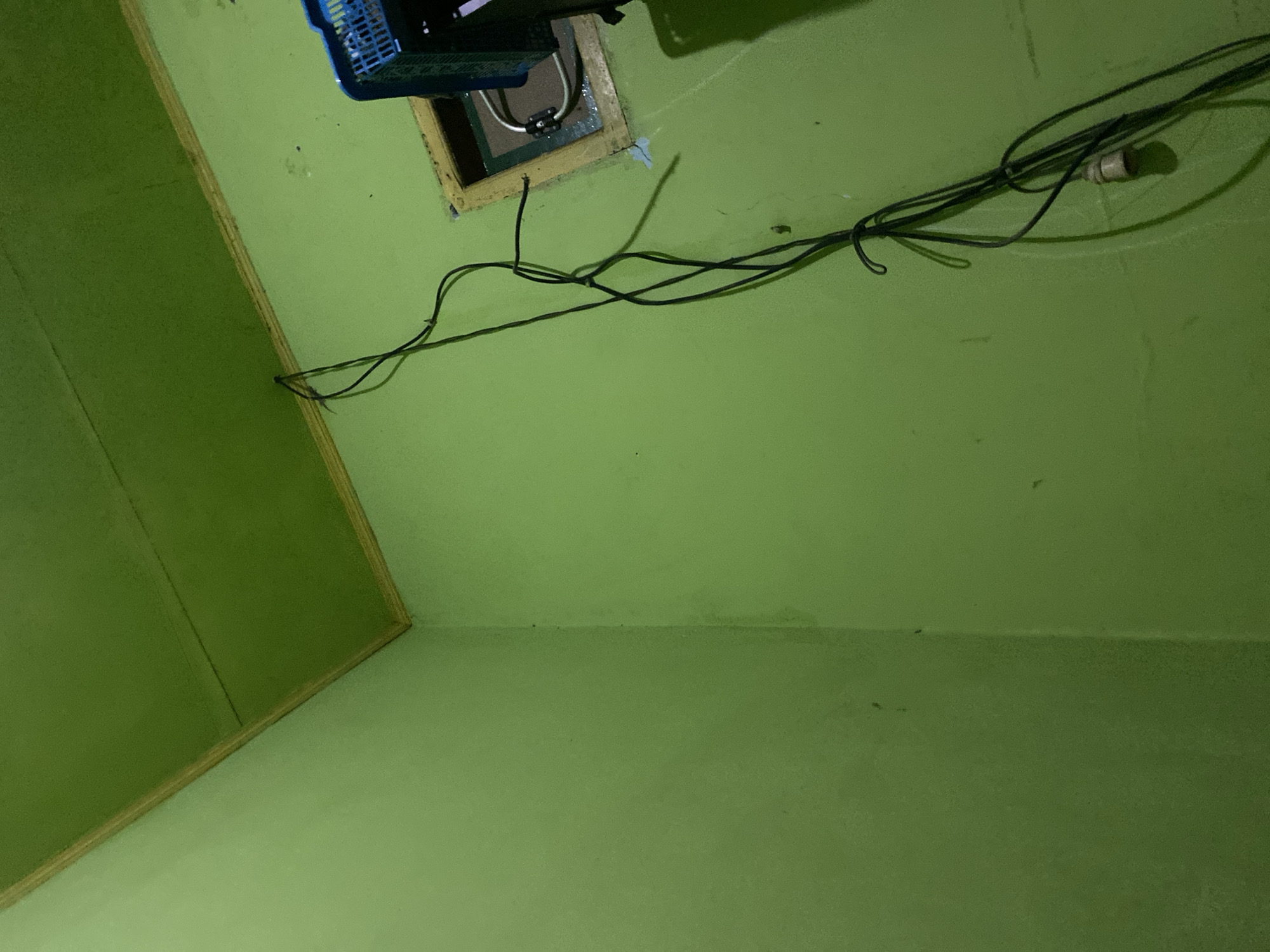The image depicts an interior corner of a room with light green walls. A wooden trim separates the walls from the ceiling, which is also painted green. Several black electrical wires hang loosely from the ceiling, one of which terminates in a light socket. To the right, a blue plastic basket is partially visible, placed on top of an object that is mostly out of frame. There is a square opening in the wall, revealing some wiring and what appears to be a brown surface. The overall impression is of a simple, utilitarian space, possibly in a residential or functional building in Ta', Indonesia.