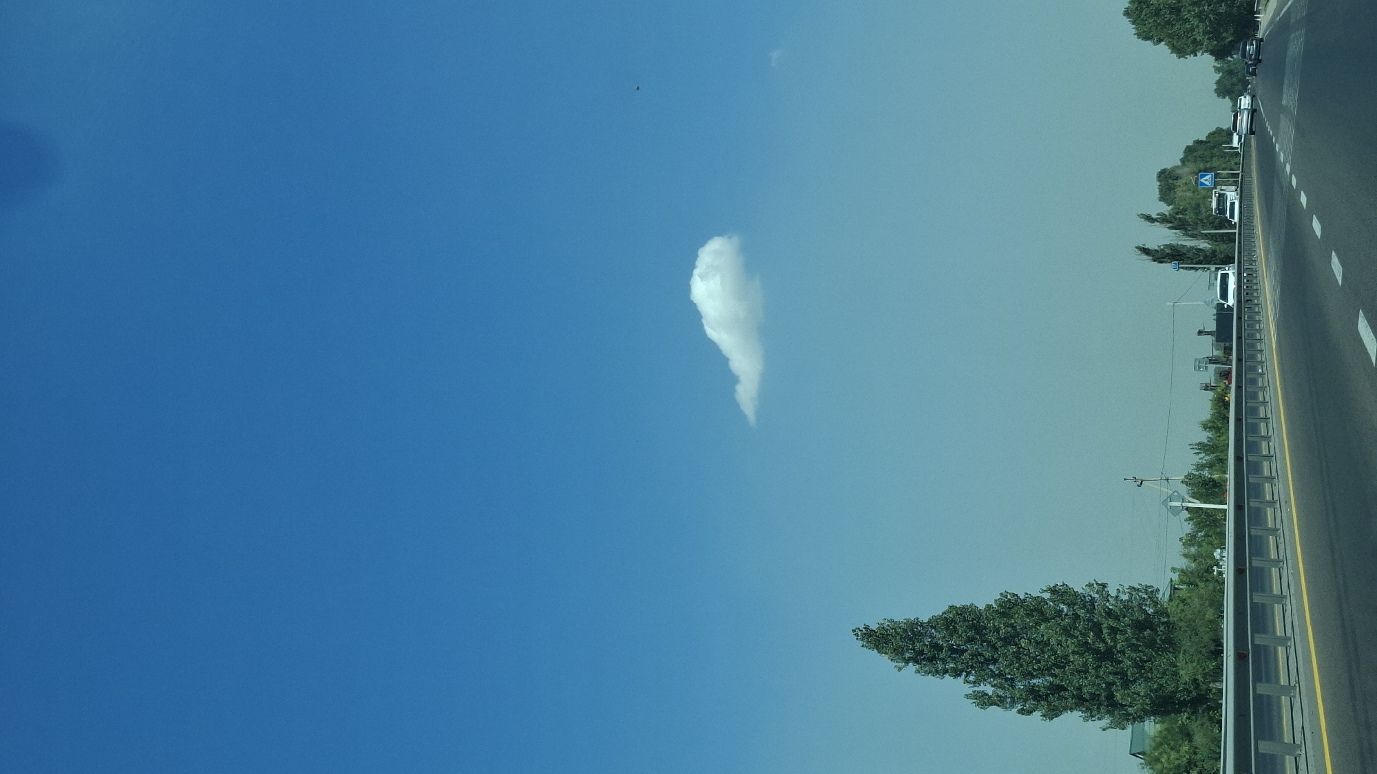 A perspective shot from a vehicle driving on a multi-lane highway. The sky is a clear, bright blue with a single, small, wispy cloud. On the left side of the highway, a tall, dense tree stands prominently. Beyond the tree, several buildings and more trees are visible. The highway has clear lane markings, including a solid yellow line on the left and dashed white lines separating the lanes. Several vehicles are on the highway, including cars and a truck, all moving in the same direction. The overall environment appears to be a sunny day with a slightly hazy horizon.