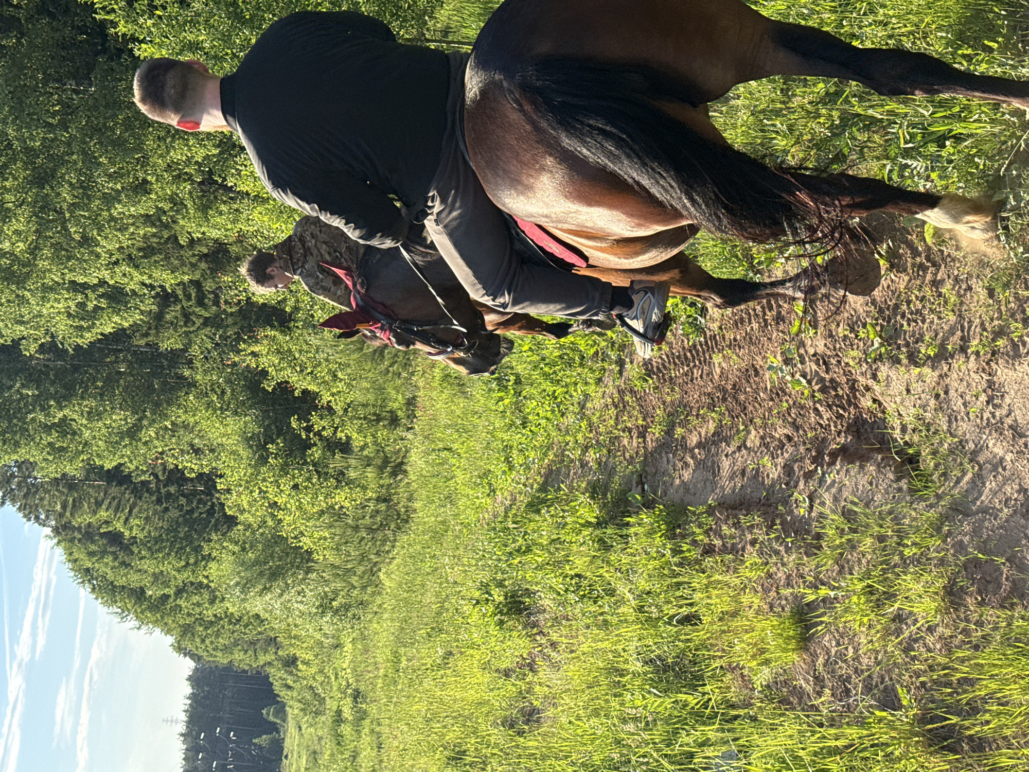 Two individuals are horseback riding on a dirt path through a grassy field bordered by a dense forest. The person in the foreground is wearing a black long-sleeved shirt and gray pants, riding a bay horse with a red saddle pad. The second person is on a darker horse, wearing a camouflage jacket. The image appears to be taken during the daytime, with sunlight illuminating the scene. The location is identified as Pri-kamsky, Russia, given the context.