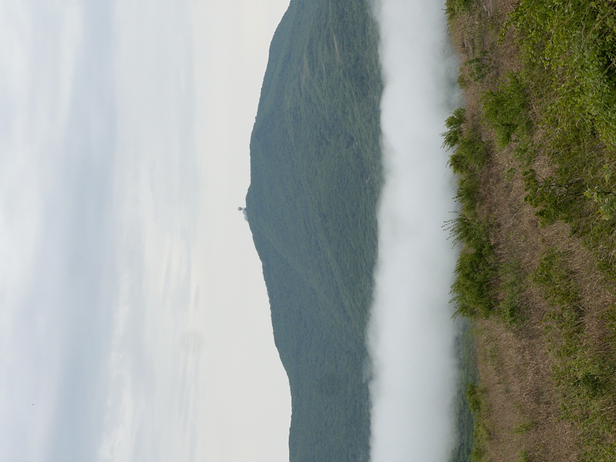 The image captures a mountainous landscape partially obscured by fog or low clouds. The left side of the frame features a steep, green-covered mountain slope. A structure, possibly a building or observation tower, is visible near the top of the mountain. Thick fog blankets the lower slopes and fills the valley. The right side of the image shows a vegetated embankment with a mix of green foliage and dry, brown vegetation. The sky is overcast, adding to the misty atmosphere of the scene. The location is likely near or around Vityaz', Russia.