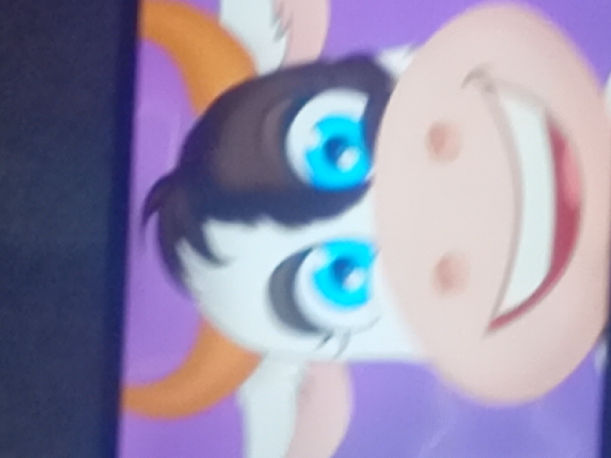 The image shows a cartoon cow with large blue eyes, a black and white patterned face, and orange horns. The cow has a wide smile and is looking directly at the viewer. The background is a solid purple color. There is no information about Verkhniachka, Ukraine in the image or its context.