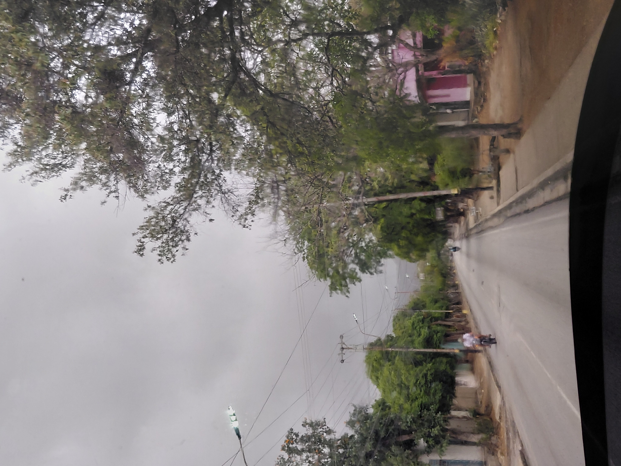 A street scene in Santa Ana, Venezuela, viewed from within a vehicle. The road stretches into the distance, flanked by trees and vegetation on both sides. A motorcyclist travels down the street. Electrical poles and wires are visible against an overcast sky. A pink building is present on the side of the road.