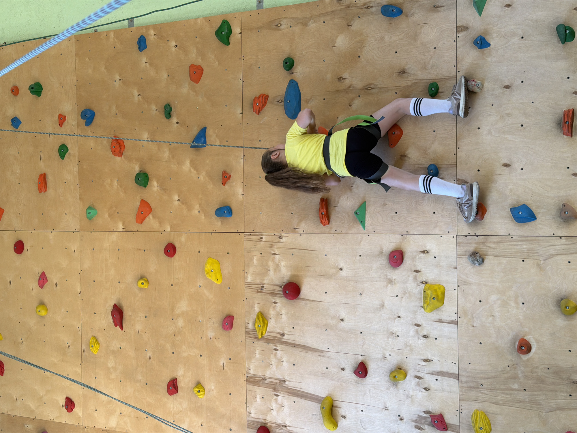 A young girl is climbing an indoor rock climbing wall. She is wearing a yellow shirt, black shorts, black climbing harness, white socks with black stripes, and grey sneakers. The wall is made of plywood panels with various colored climbing holds attached. A blue and white rope is strung across the top of the wall. The location is not discernible from the image and cannot be determined as Izhevsk, Russia.