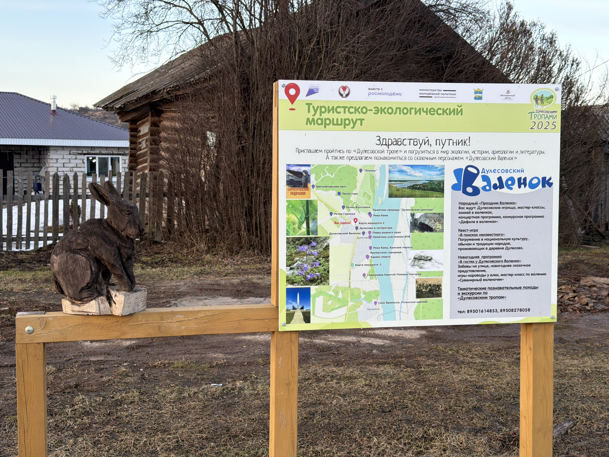 Here is a detailed description of the image:
The image presents a rural scene in Дулесово, Russia, centered around a wooden signpost. The sign, titled "Tourist-Ecological Route," is in Russian and provides information about the "Дулесовскими Тропами" (Dulesovo Trails) project, scheduled for 2025. It includes an invitation to explore the ecology, history, archaeology, and literature of the area, along with a character called "Дулесовский Валенок" (Dulesovo Valenok). The sign includes a map of the area, highlighting attractions such as the Shitoletovo Bridge, Fox Mountain, and the Kama River, among others. It also advertises events like the "Valenok Holiday" and excursions along the "Dulesovo Trails," and lists two telephone numbers for more information.
To the left of the sign is a wooden sculpture of a rabbit, resting on a small platform attached to the wooden fence-like structure of the signpost. The background includes a partly visible log cabin with an old, weathered roof and a newer house with a grey roof in the distance. The environment appears to be somewhat muddy or earthy, suggesting a rural or semi-rural setting. The sky is overcast, and there's a hint of foliage, although much of it looks bare, indicating possibly late autumn or early spring.