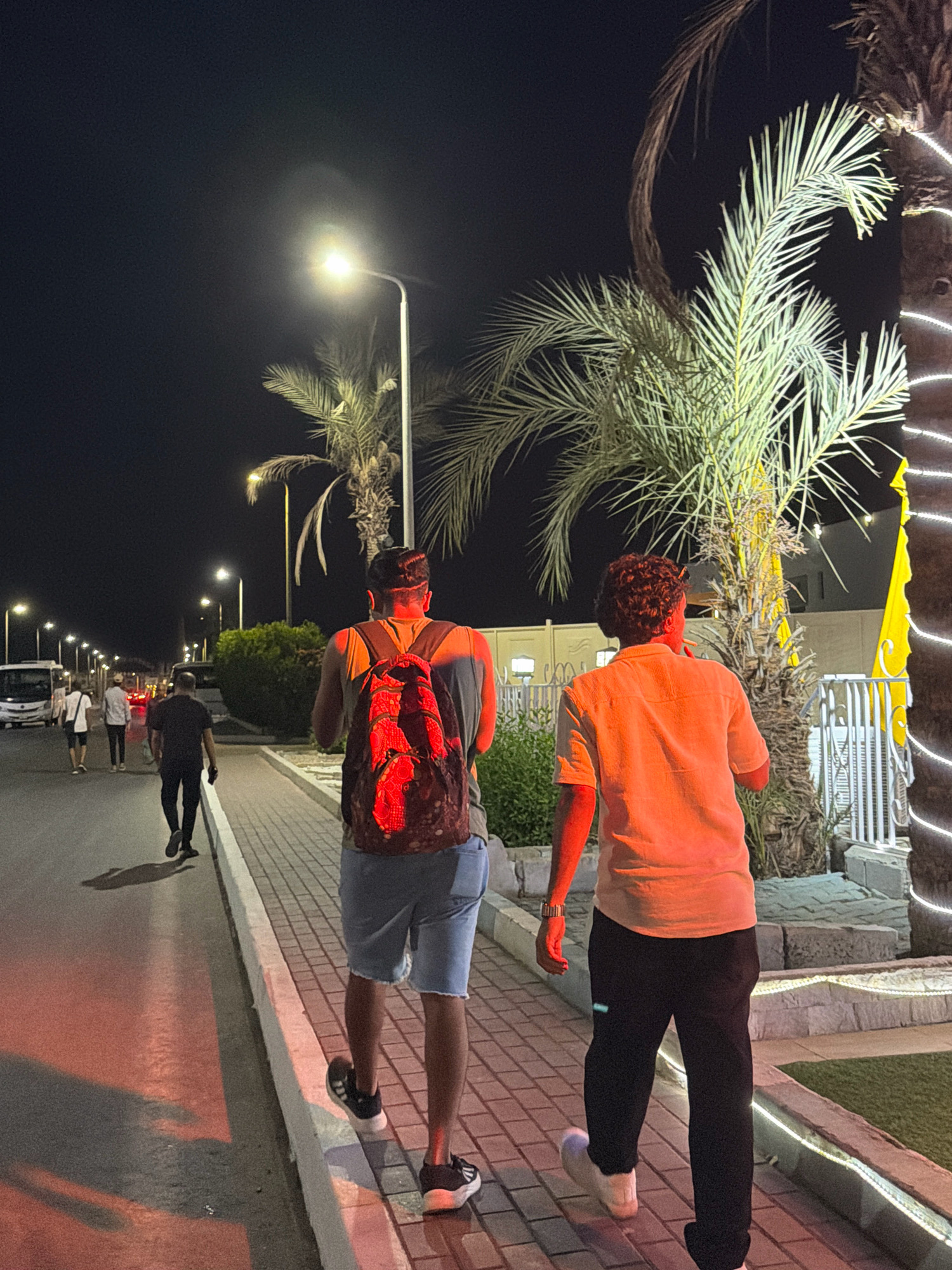 Two individuals are walking on a paved sidewalk at night in Sharm El Sheikh, Egypt. The person in the foreground, facing away from the camera, has a red and black patterned backpack and is wearing a gray tank top and denim shorts. The second person, also walking away, is wearing a light-colored short-sleeved shirt and dark pants. Palm trees with decorative lights are visible on the right side of the image, and streetlights illuminate the sidewalk and the road. Other people and a bus are visible in the distance on the left side of the road. The scene appears to be a public walkway along a street.