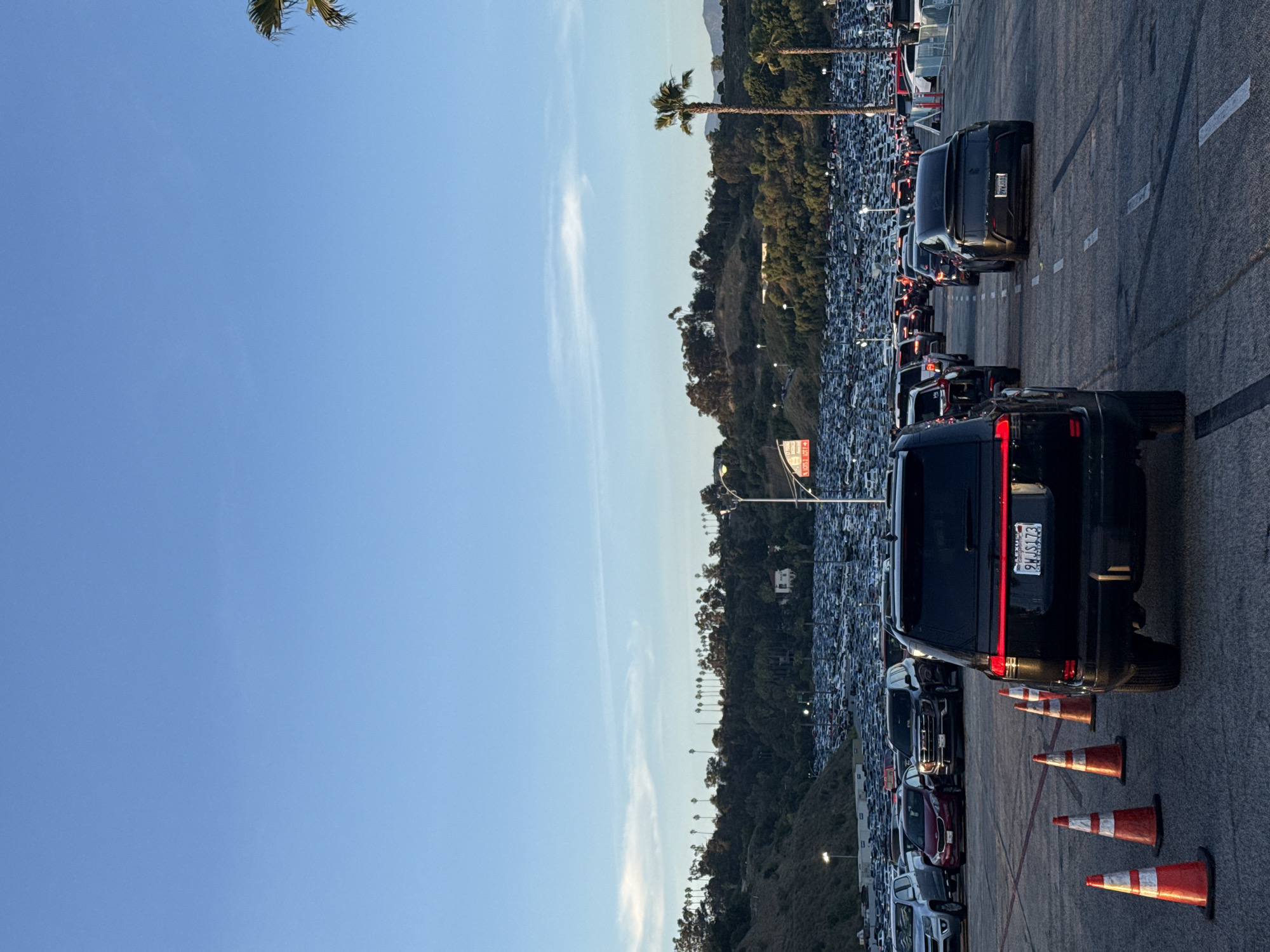 The image shows a parking lot in Los Angeles, filled with a dense grid of vehicles. The cars are lined up in neat rows. In the foreground, there is a black van parked on an asphalt road with orange and white traffic cones placed behind it. The license plate is visible on the van. The backdrop consists of a hillside densely covered with trees and palm trees. The sky is clear and blue.