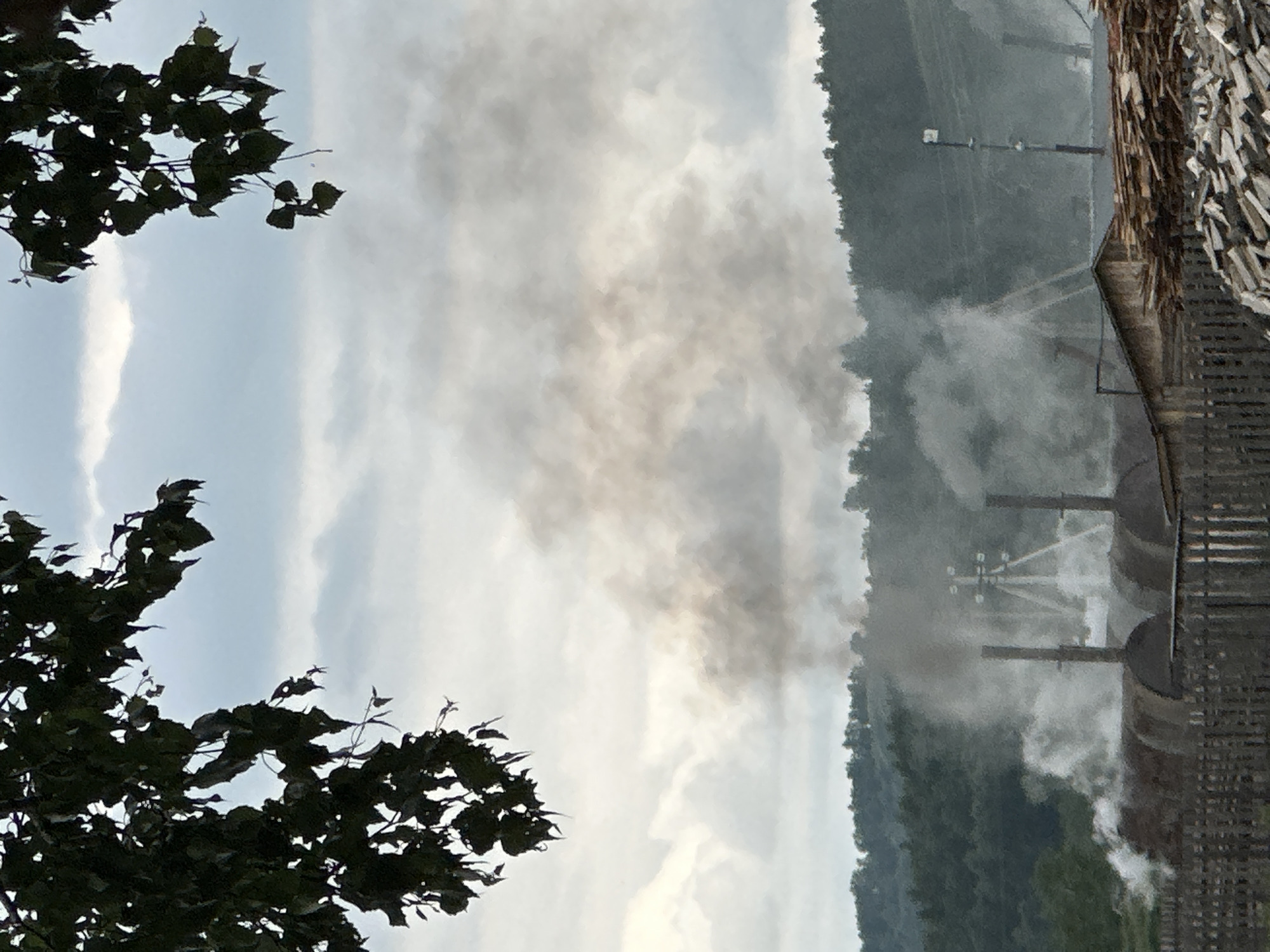 In Abzakovo, Russia, an outdoor scene unfolds under a cloudy sky. In the foreground, a wooden fence encloses a yard piled with lumber. Behind the fence, several industrial cylindrical structures stand, emitting thick plumes of white and gray smoke into the air. Some of these structures appear to be in operation, possibly as kilns or furnaces, indicated by the steam and smoke rising from them. A utility pole with wires is visible near the smoking structures. In the middle ground, a dense, dark green forest covers rolling hills, suggesting a rural or semi-rural setting. Overhead, dark green leaves from a tree branch hang down from the top left corner, partially obscuring the sky. The overall atmosphere is industrial and somewhat hazy due to the smoke.