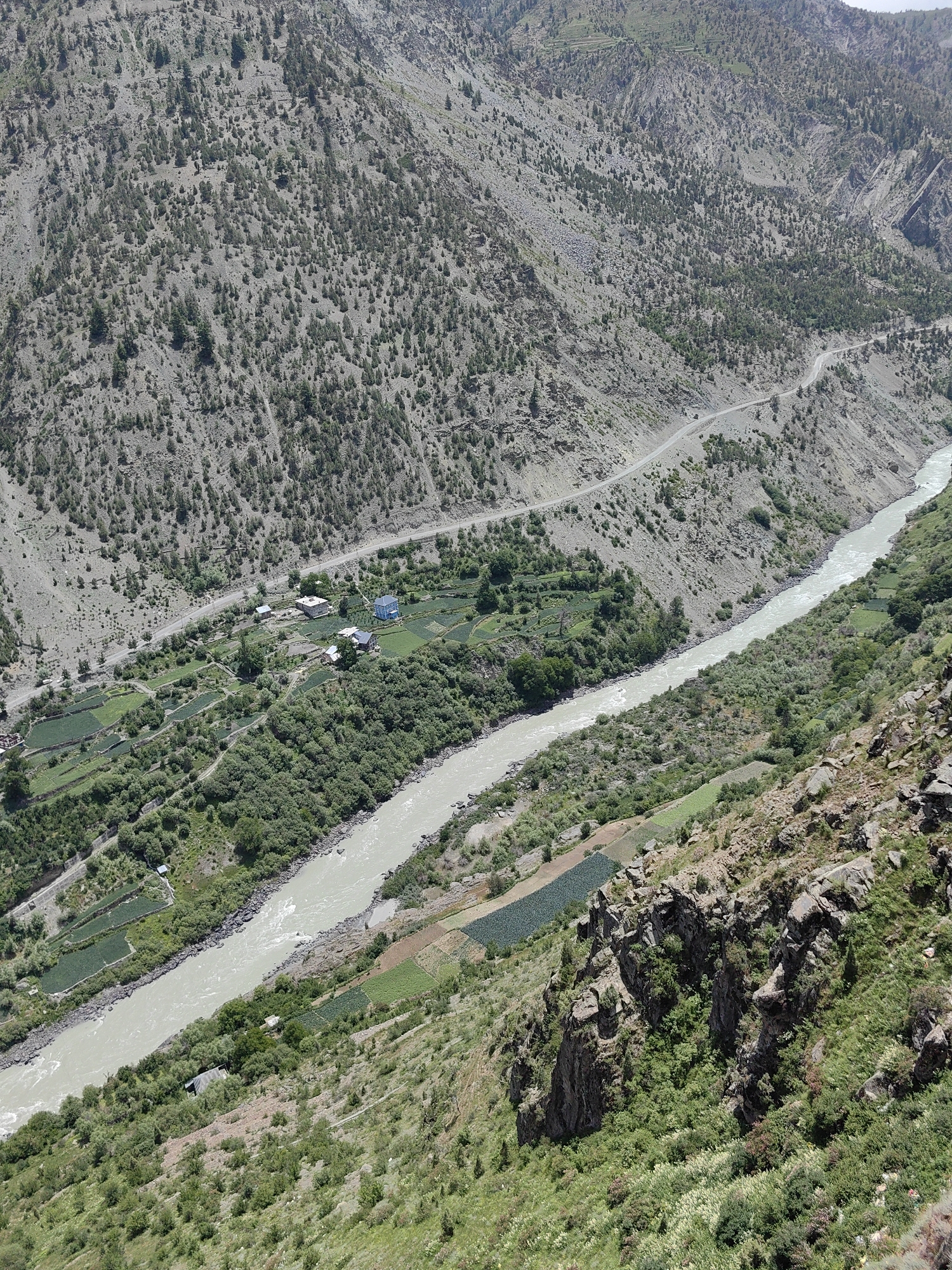 The image captures a wide, grey river flowing through a valley flanked by steep, rocky, and sparsely vegetated mountainsides. A narrow, winding road is visible along the upper left side of the valley, with some scattered trees and shrubs dotting the slopes. On the right bank of the river, at a lower elevation, there are patches of cultivated fields, some appearing as terraced plots of various green hues, and a small cluster of buildings with blue and white roofs. Further downriver, the valley narrows, and the mountains become more densely covered with trees. The scene suggests a remote, possibly mountainous region in India, with signs of human settlement and agriculture integrated into the natural landscape.