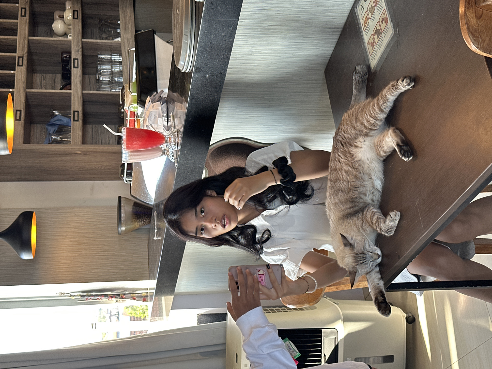 A young woman with long, dark hair, wearing a white top, is seated at a table in what appears to be a cafe or restaurant. She is holding a pink smartphone and taking a selfie. To her right, a light brown tabby cat is lying on the table, seemingly asleep, with its paws stretched out. The table is made of dark wood. In the background, shelves are visible, stocked with various glasses and bottles. A red drink with a straw sits on the table near the woman. The lighting suggests it could be daytime, with natural light entering from a window on the left side of the image. The overall mood seems relaxed and casual. The image is oriented vertically. There is a sign on the table with pictograms, but the text is not legible.