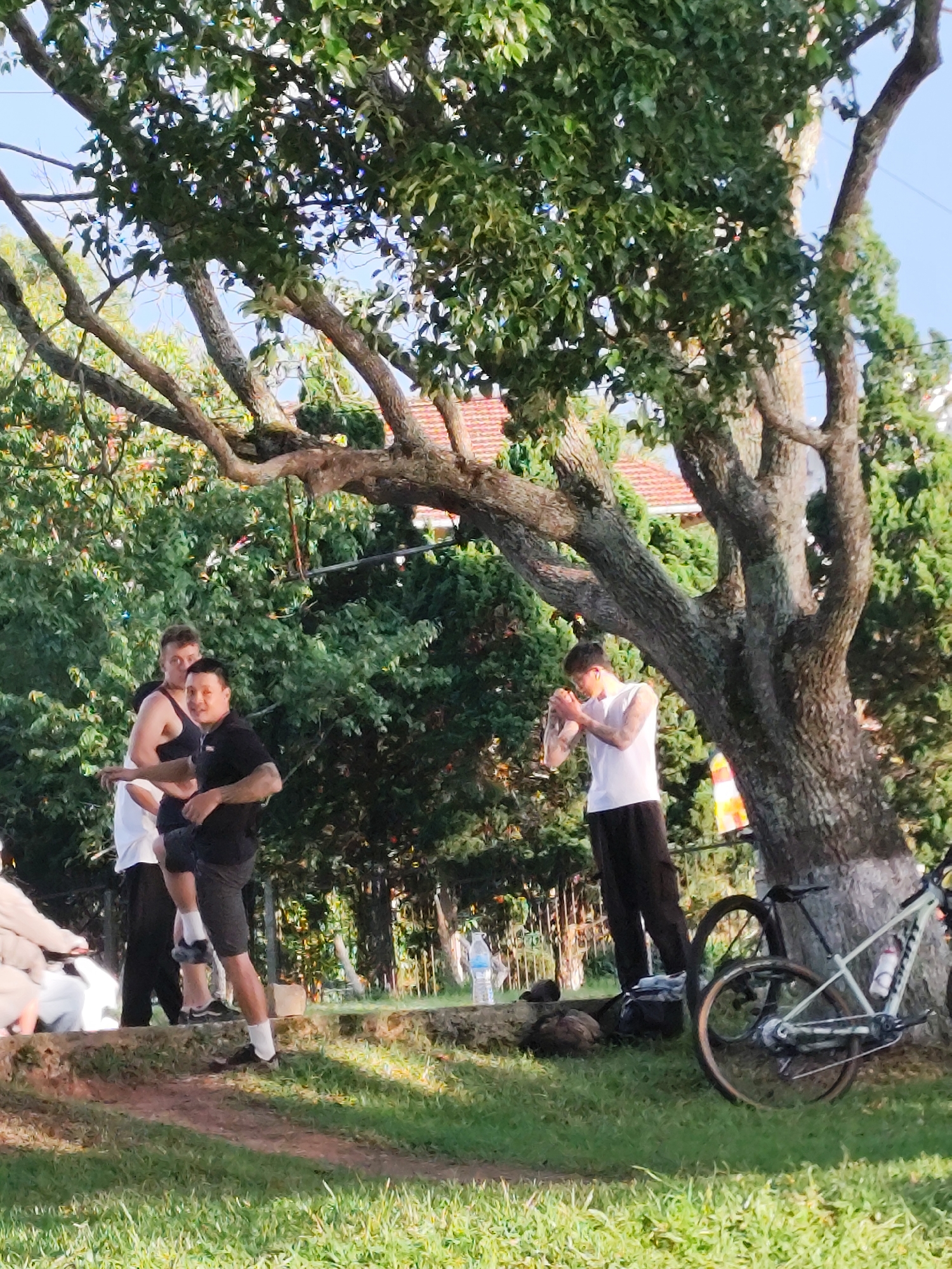 The image depicts an outdoor scene in Da Lat, Vietnam, under the shade of a large tree with thick branches. In the foreground, a patch of mowed grass transitions to a dirt path. Several people are present. Two men, one in a black tank top and another in a black polo shirt, appear to be standing and interacting, possibly engaged in a conversation or activity. A third man, wearing a white sleeveless shirt and dark pants, is standing near the tree trunk, holding something to his face. To the right, a bicycle leans against the tree. In the background, lush green foliage and hints of a building with a terracotta roof are visible. The overall atmosphere suggests a casual gathering or a moment of rest in a park-like setting.