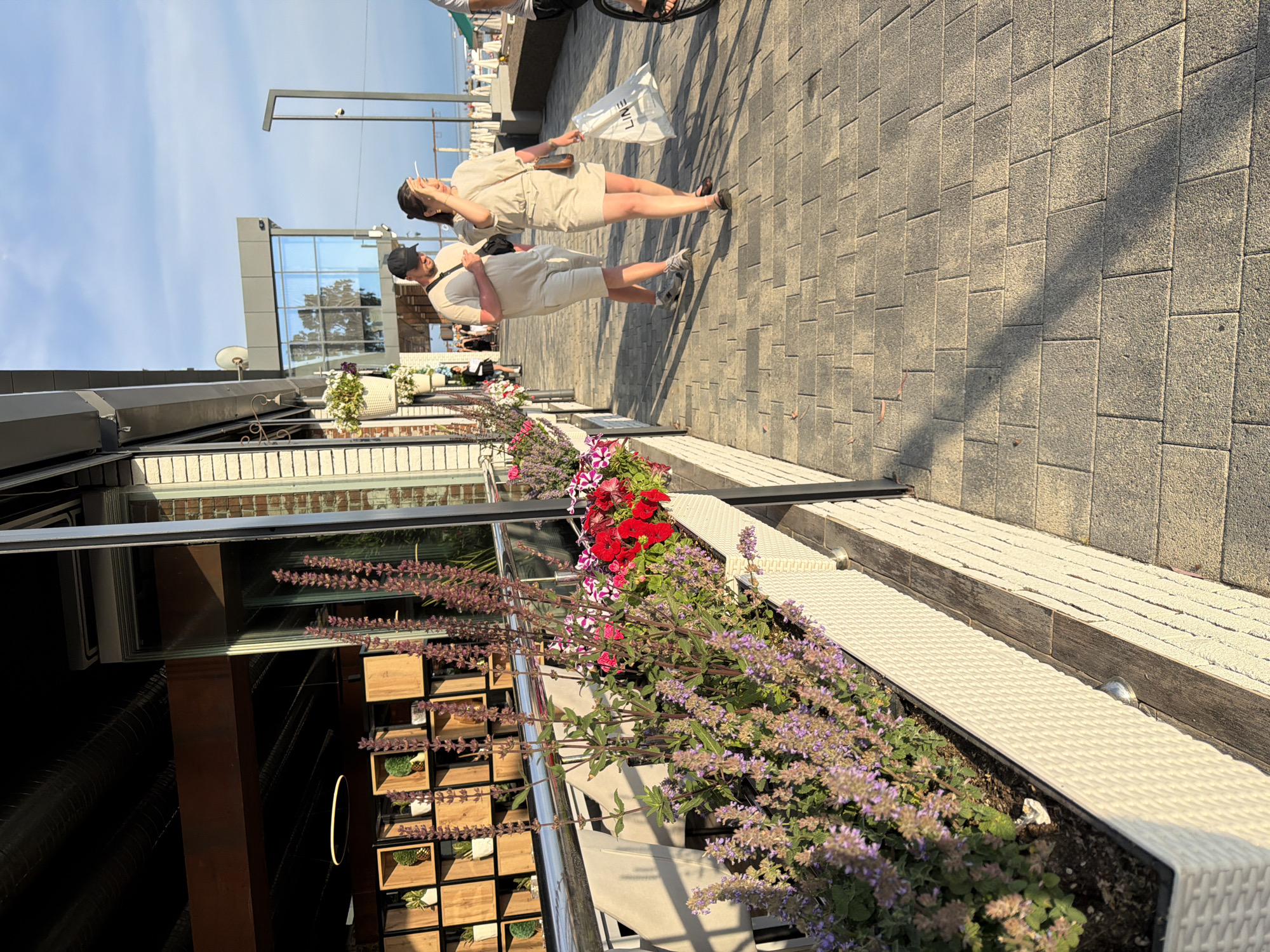 In Sochi, Russia, a couple walks along a paved promenade beside a building with large windows and a modern facade. The promenade is lined with white planters containing abundant purple and red flowers. The building's interior features wooden shelves displaying various potted plants. The sky above is a clear blue with wispy clouds. The sun casts long shadows across the ground, indicating it is late afternoon or early evening. The woman is wearing a light-colored dress and holding a white plastic bag. The man is in a t-shirt and shorts, wearing a baseball cap.