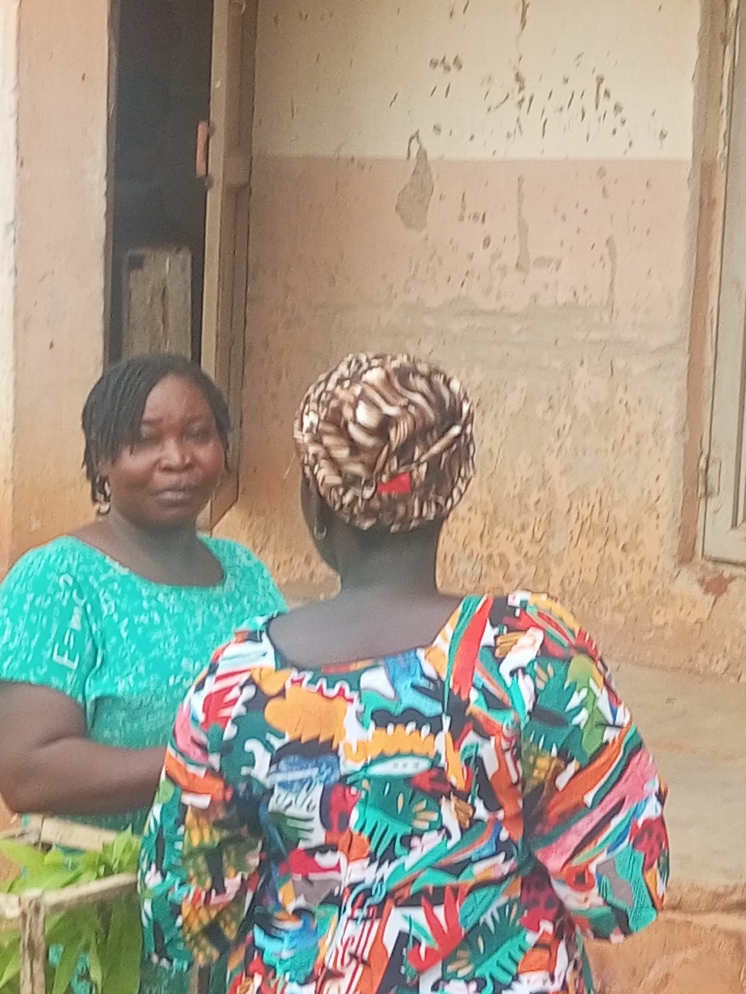 Two women are standing outside a building in Gombe, Nigeria. One woman faces the viewer and wears a green top with braided hair. The other woman has her back to the viewer, wearing a colorful patterned shirt and a patterned head wrap. A partially open door is visible in the background, along with a window. The exterior wall is weathered and has two tones with visible stains. A wooden crate filled with green leaves is also visible.